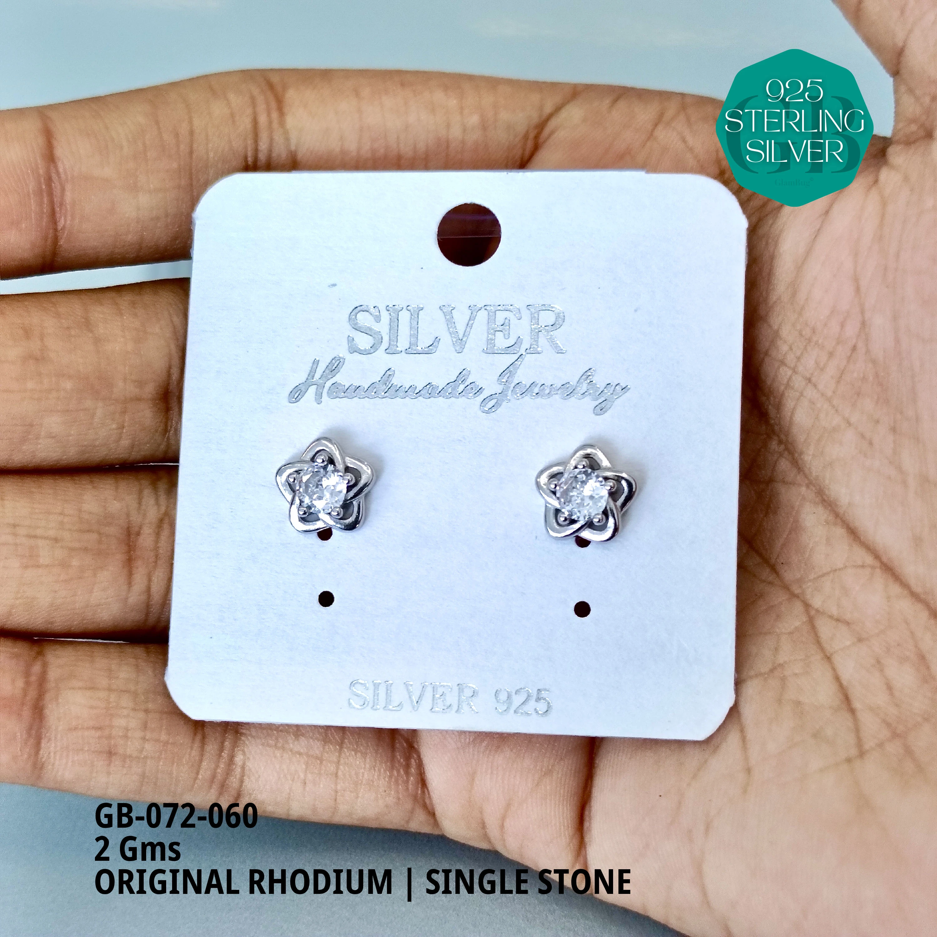 RHODIUM SINGLE STONE STUDS - Premium 925 Silver Jewellery - SKU: GB-072-060 - Hyderabad Silver Importers