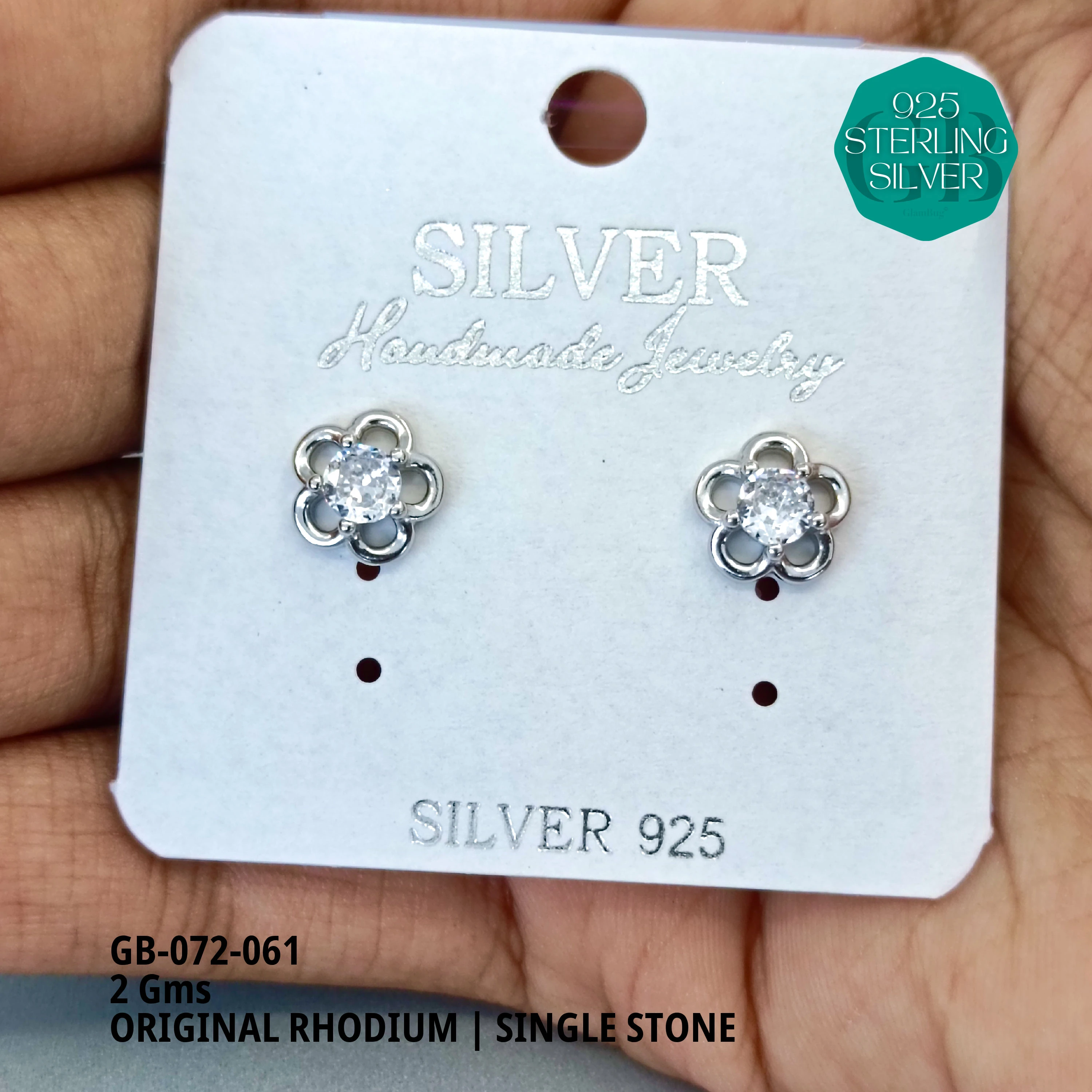 RHODIUM SINGLE STONE STUDS - Premium 925 Silver Jewellery - SKU: GB-072-061 - Hyderabad Silver Importers