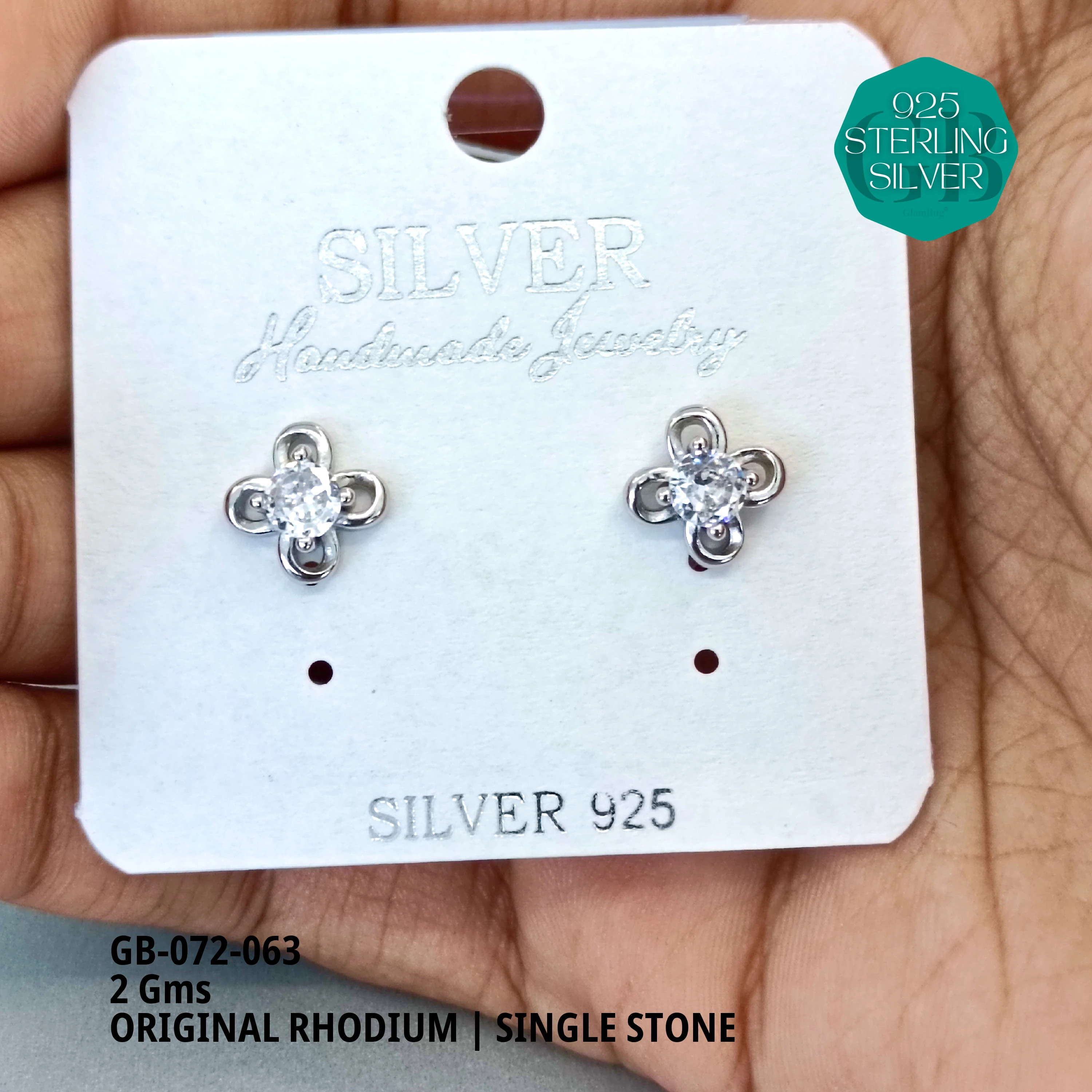 RHODIUM SINGLE STONE STUDS - Premium 925 Silver Jewellery - SKU: GB-072-063 - Hyderabad Silver Importers