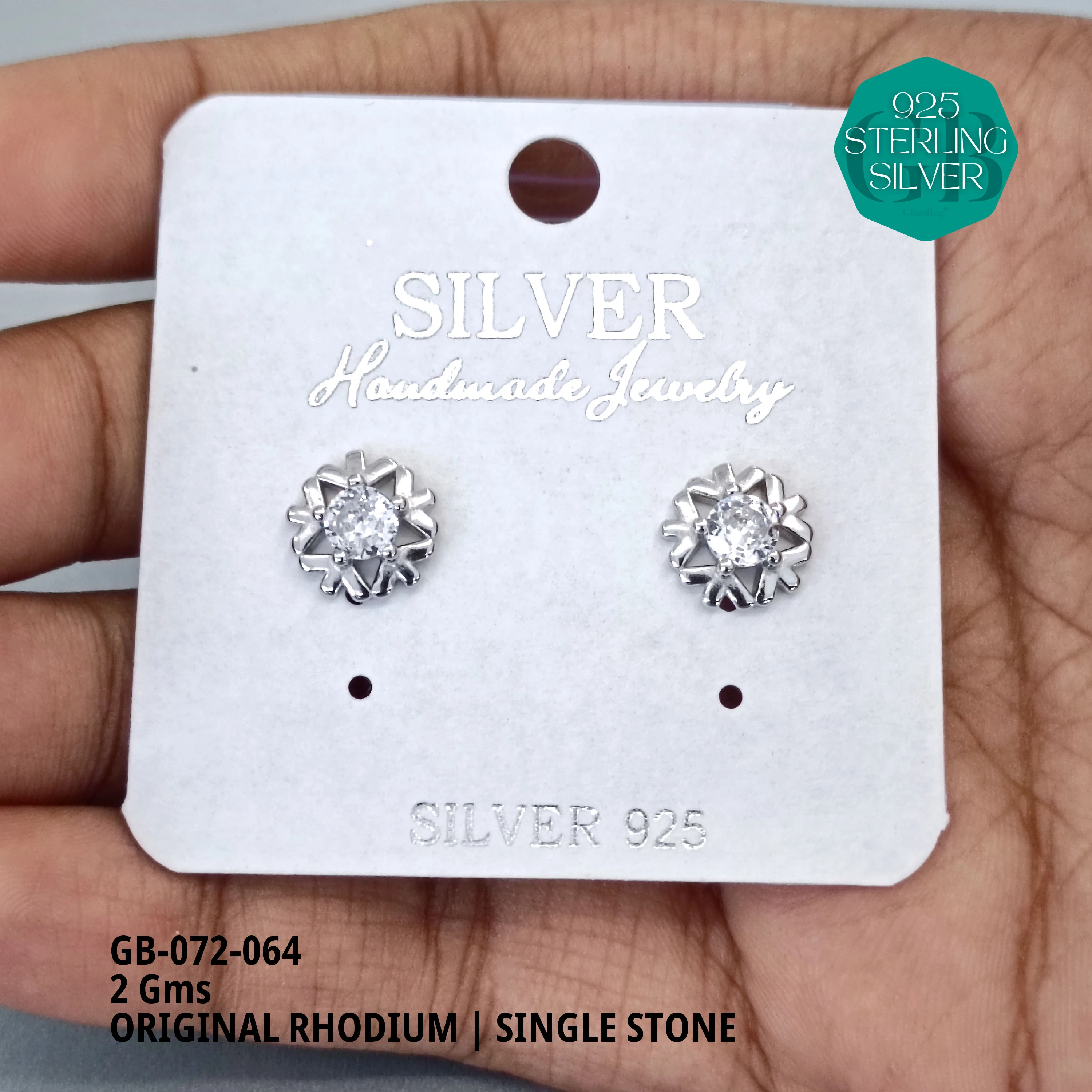 RHODIUM SINGLE STONE STUDS - Premium 925 Silver Jewellery - SKU: GB-072-064 - Hyderabad Silver Importers