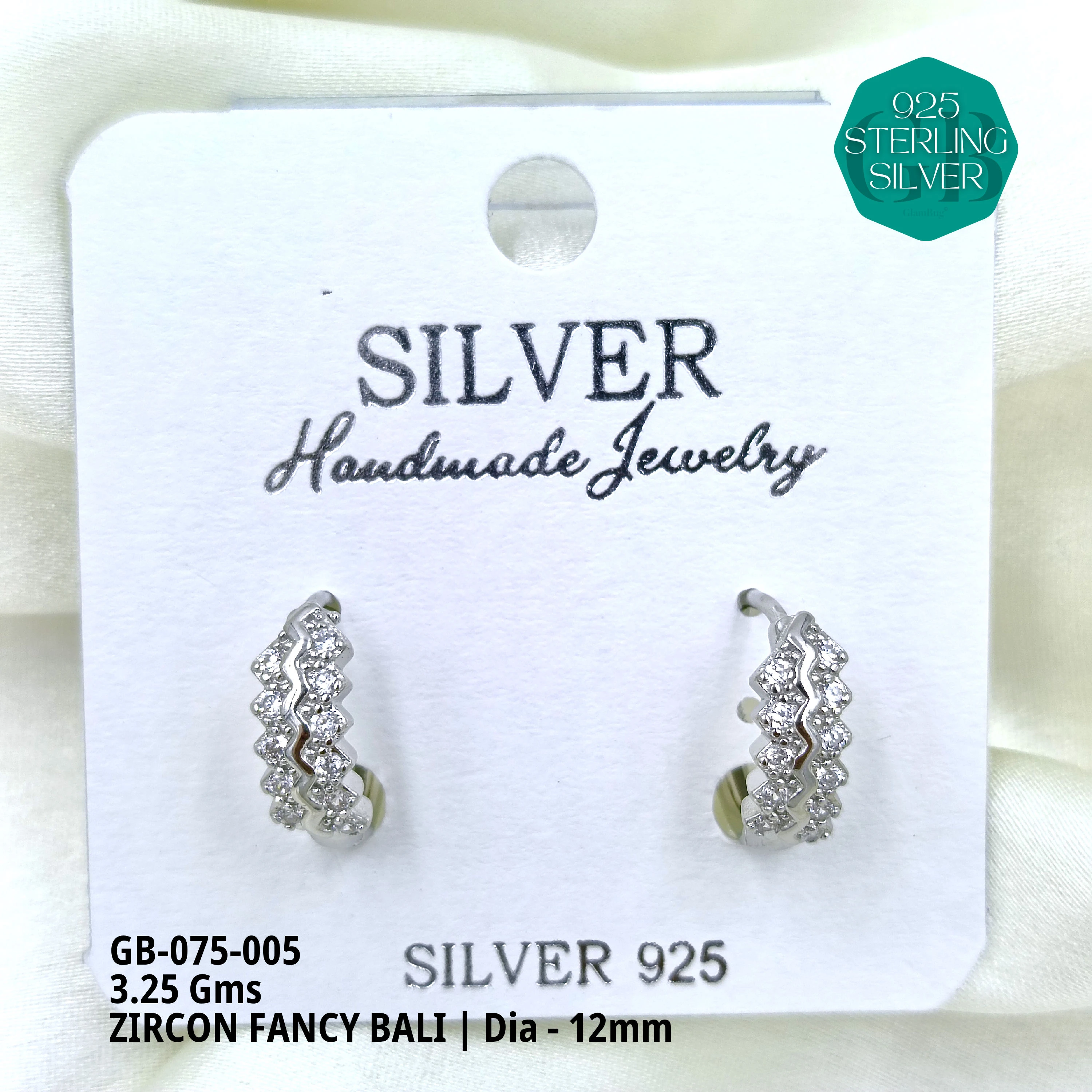 ZIRCON FANCY BALI - Premium 925 Silver Jewellery - SKU: GB-075-005 - Hyderabad Silver Importers