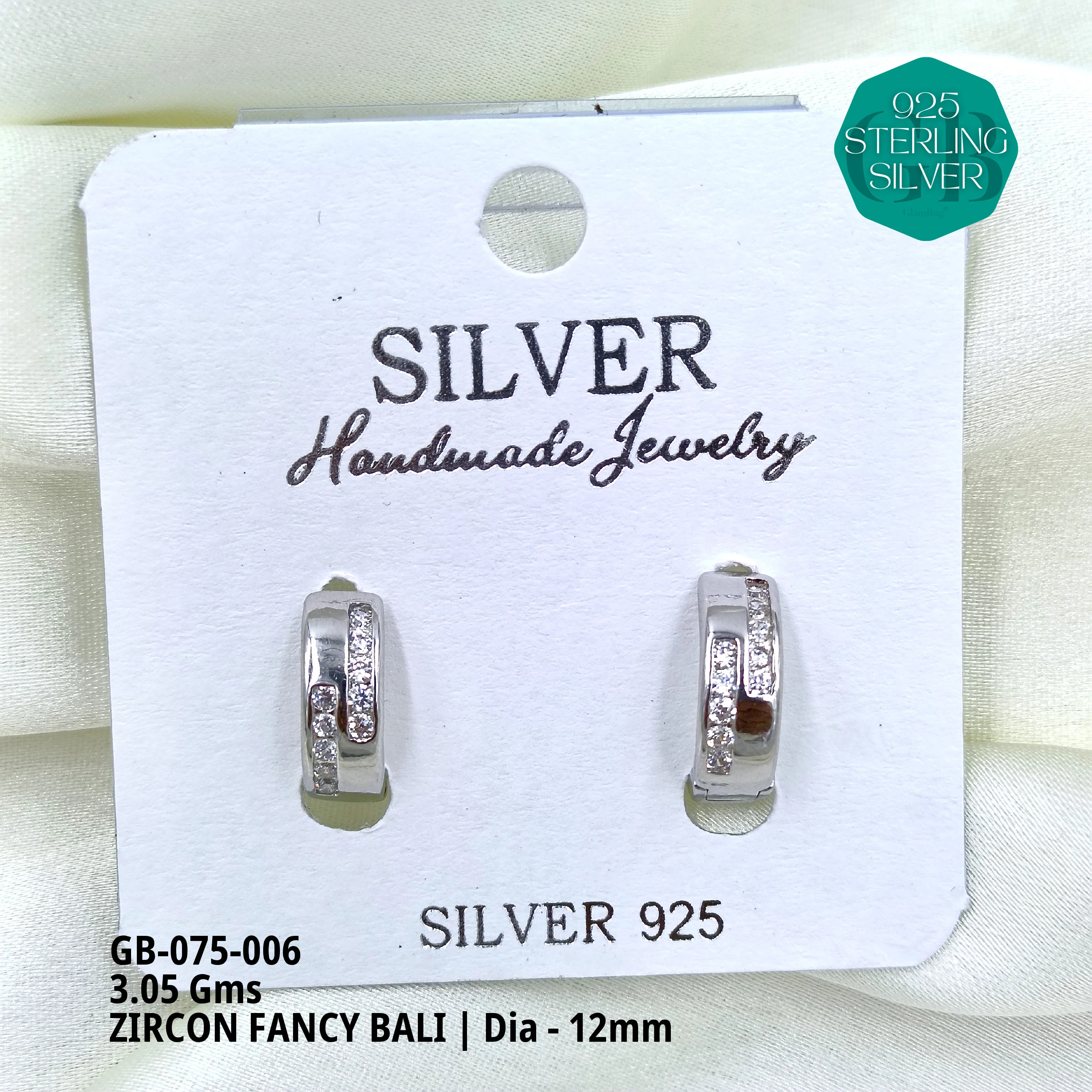 ZIRCON FANCY BALI - Premium 925 Silver Jewellery - SKU: GB-075-006 - Hyderabad Silver Importers