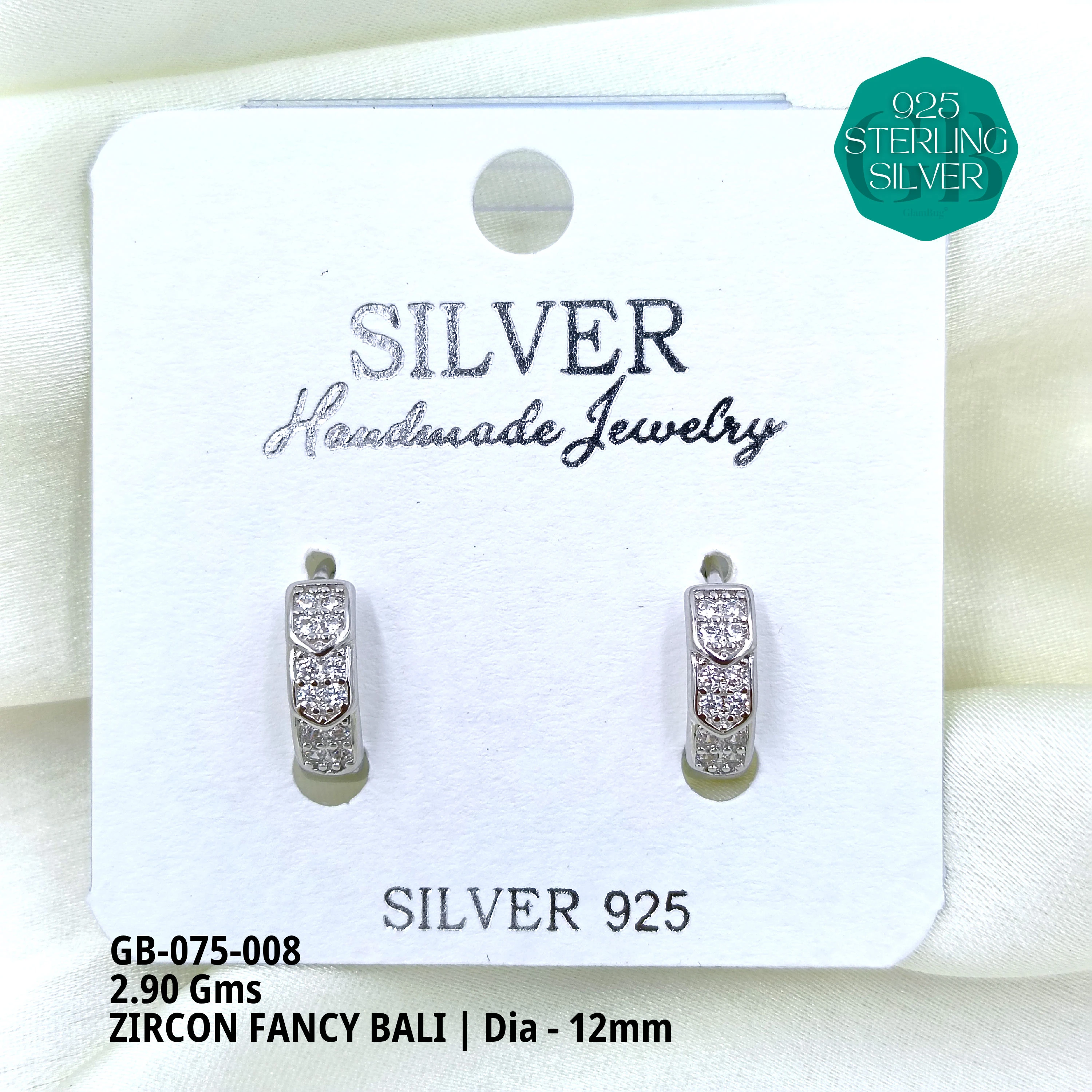 ZIRCON FANCY BALI - Premium 925 Silver Jewellery - SKU: GB-075-008 - Hyderabad Silver Importers
