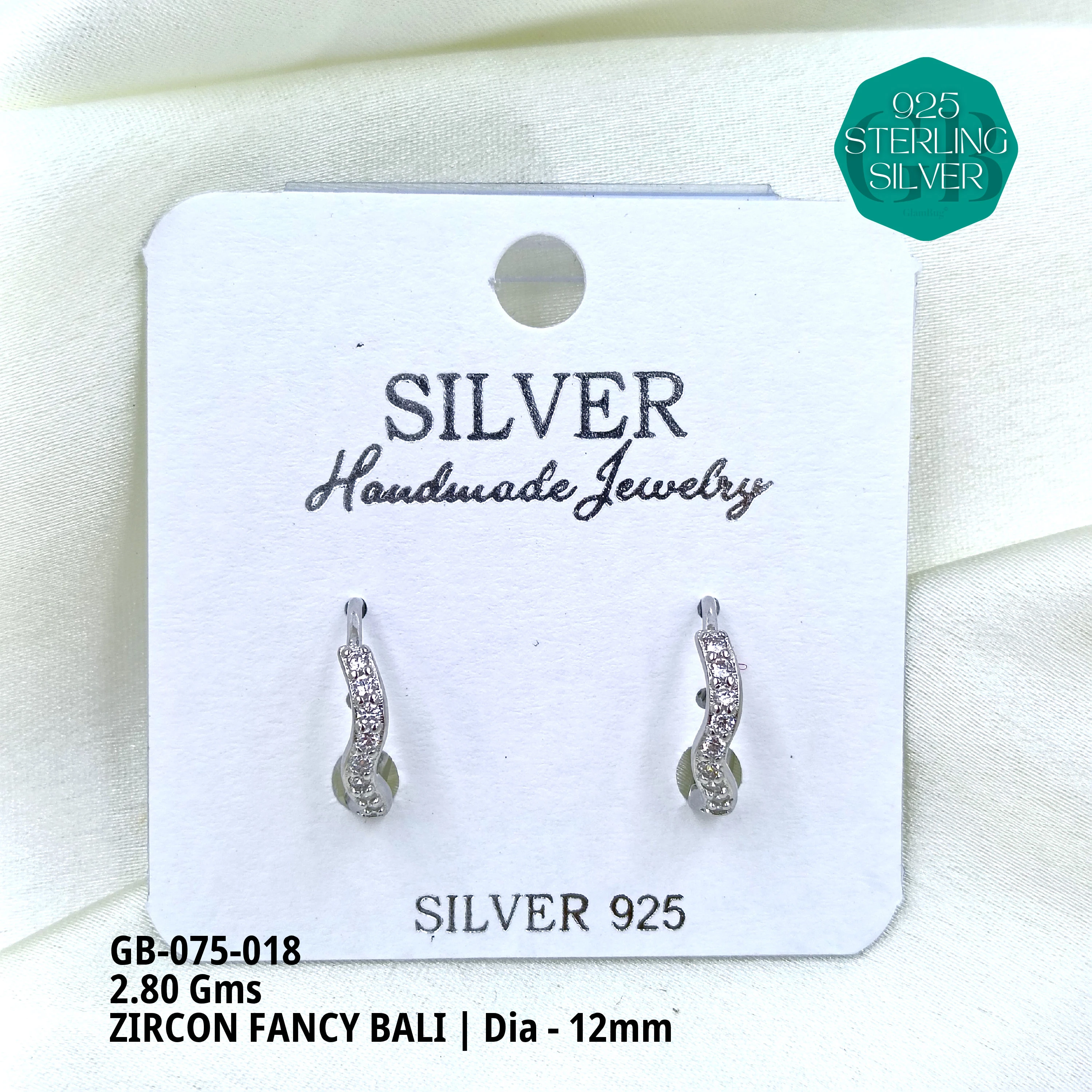 ZIRCON FANCY BALI - Premium 925 Silver Jewellery - SKU: GB-075-018 - Hyderabad Silver Importers