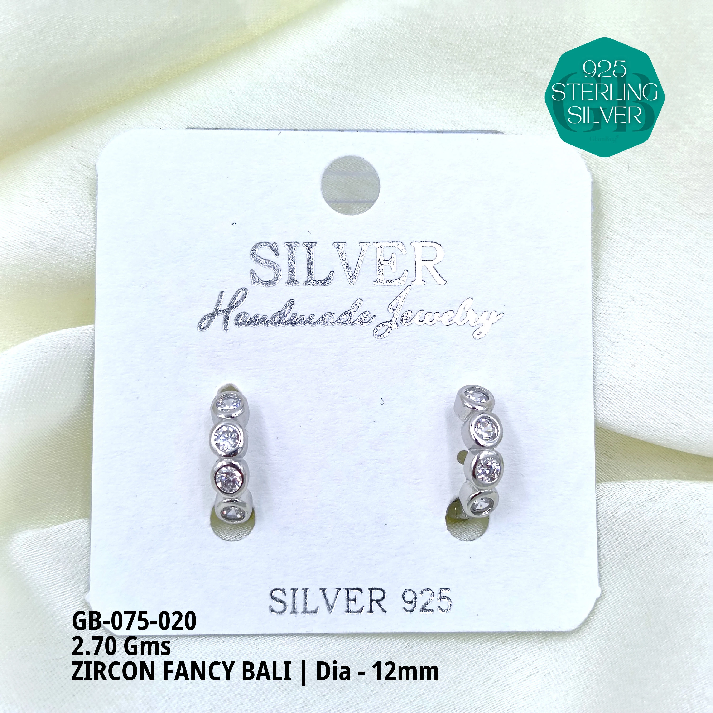 ZIRCON FANCY BALI - Premium 925 Silver Jewellery - SKU: GB-075-020 - Hyderabad Silver Importers