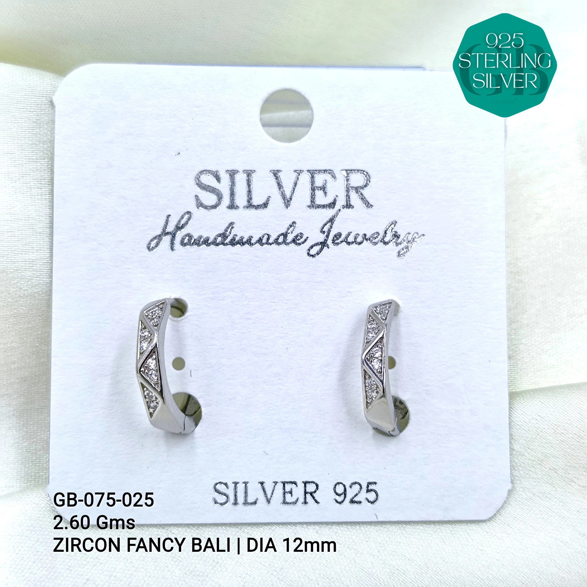 ZIRCON FANCY BALI - Premium 925 Silver Jewellery - SKU: GB-075-025 - Hyderabad Silver Importers