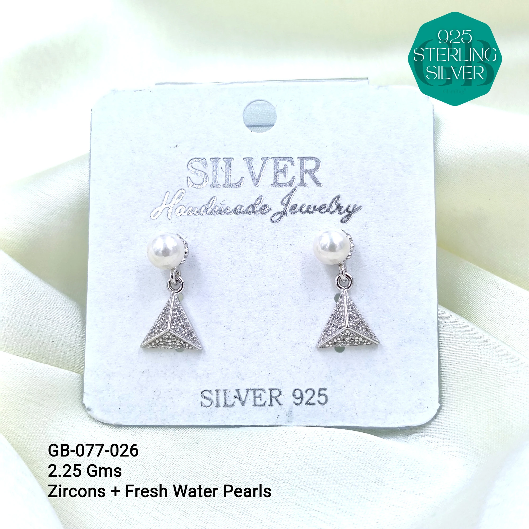 CZ PEARL HANGINGS LIGHT WEIGHT - Premium 925 Silver Jewellery - SKU: GB-077-026 - Hyderabad Silver Importers