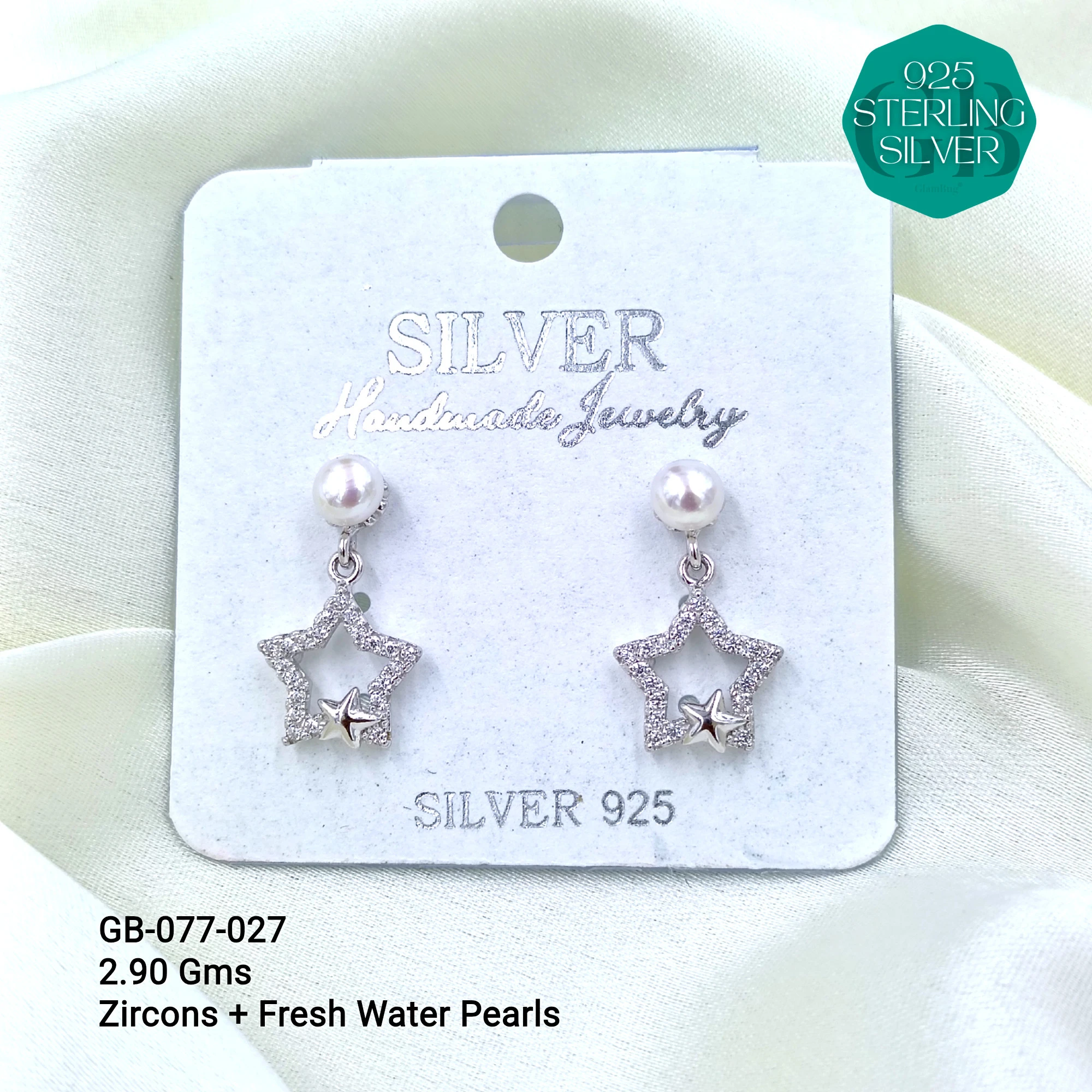 CZ PEARL HANGINGS LIGHT WEIGHT - Premium 925 Silver Jewellery - SKU: GB-077-027 - Hyderabad Silver Importers