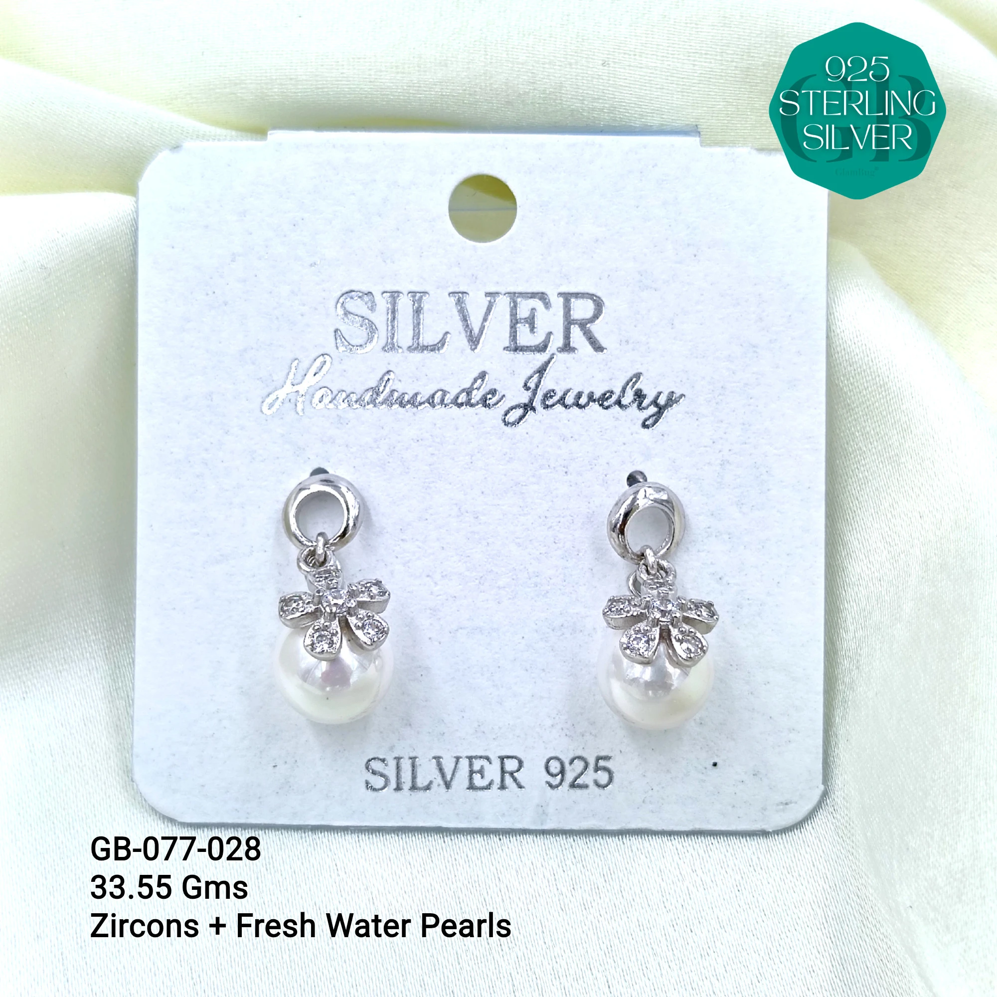 CZ PEARL HANGINGS LIGHT WEIGHT - Premium 925 Silver Jewellery - SKU: GB-077-028 - Hyderabad Silver Importers