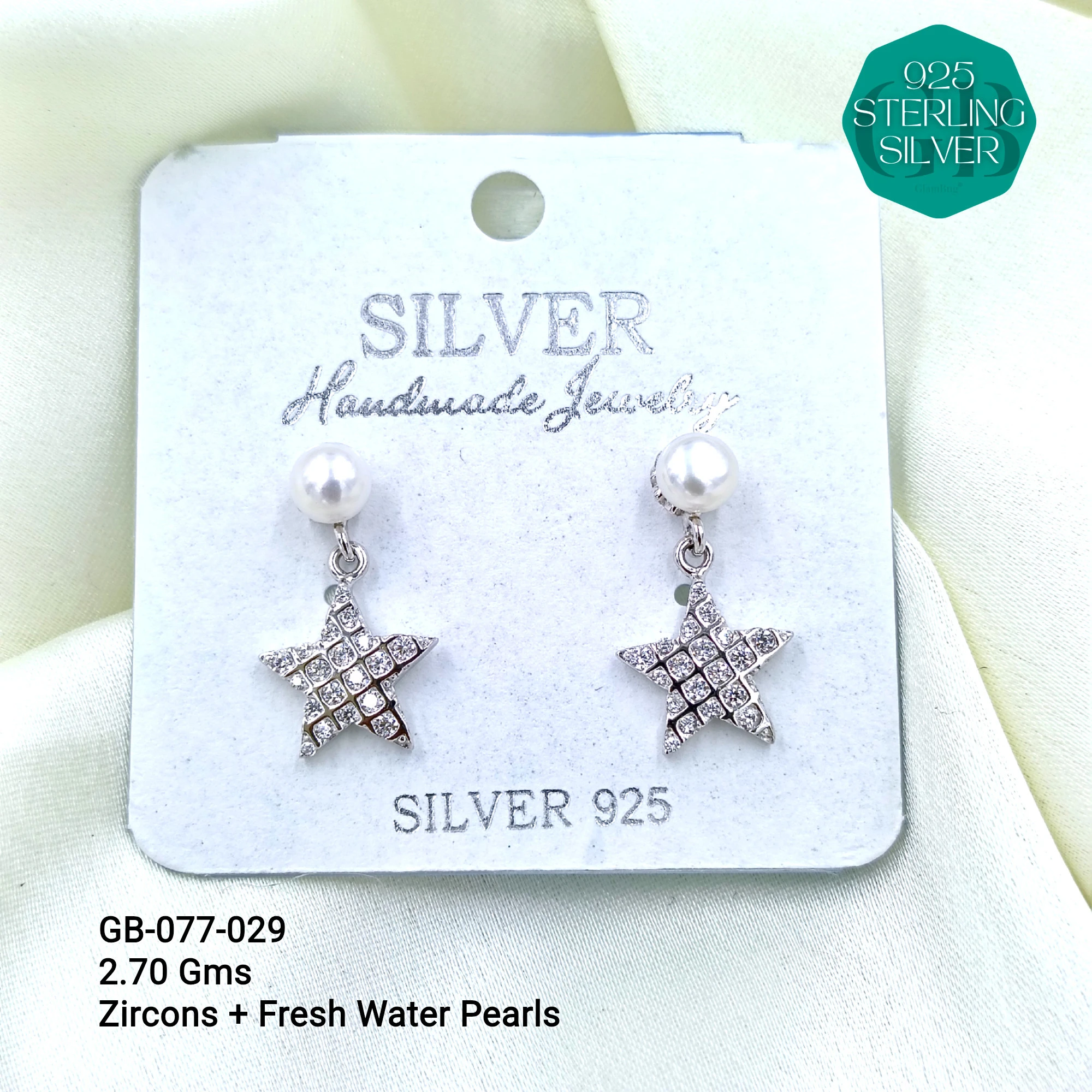 CZ PEARL HANGINGS LIGHT WEIGHT - Premium 925 Silver Jewellery - SKU: GB-077-029 - Hyderabad Silver Importers