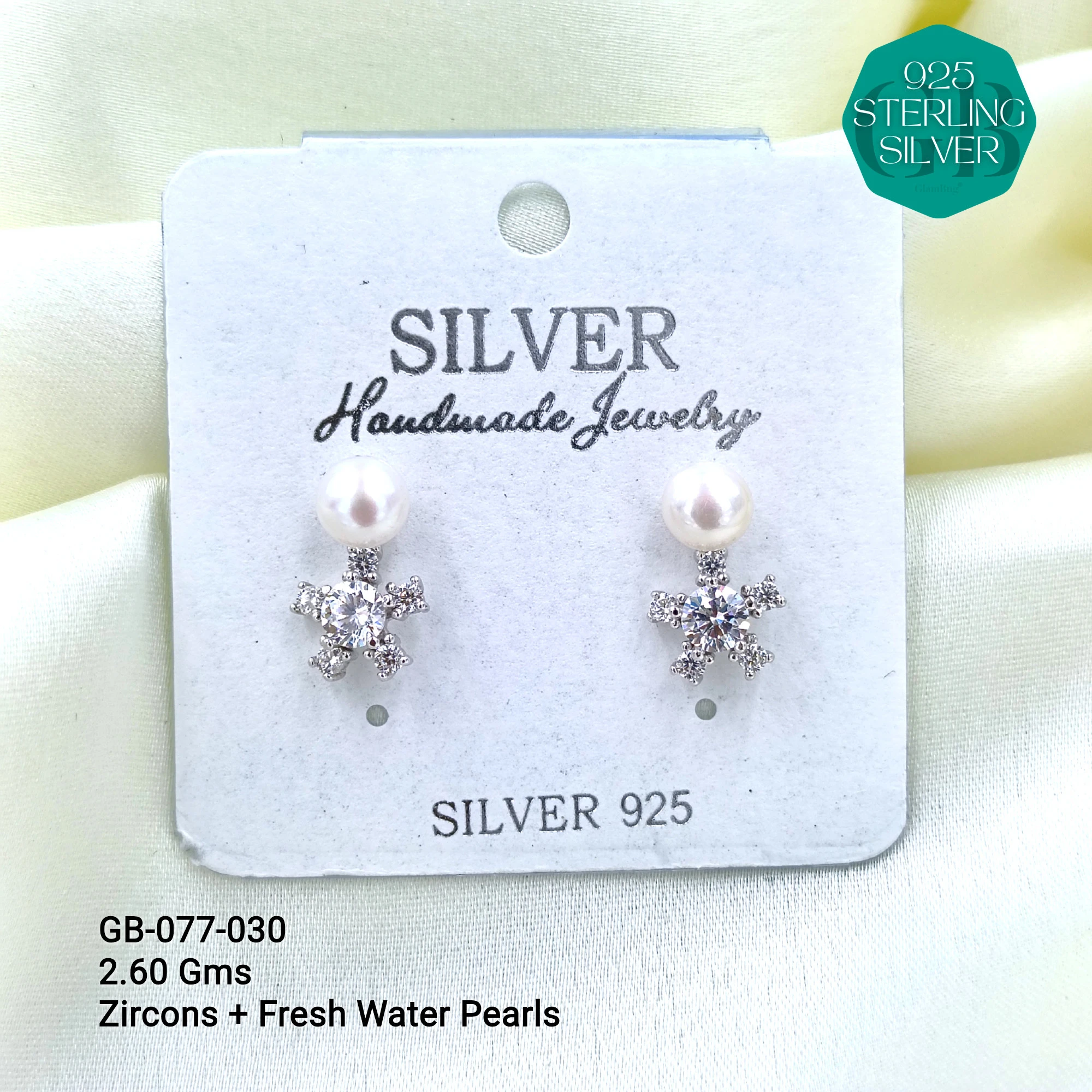 CZ PEARL HANGINGS LIGHT WEIGHT - Premium 925 Silver Jewellery - SKU: GB-077-030 - Hyderabad Silver Importers