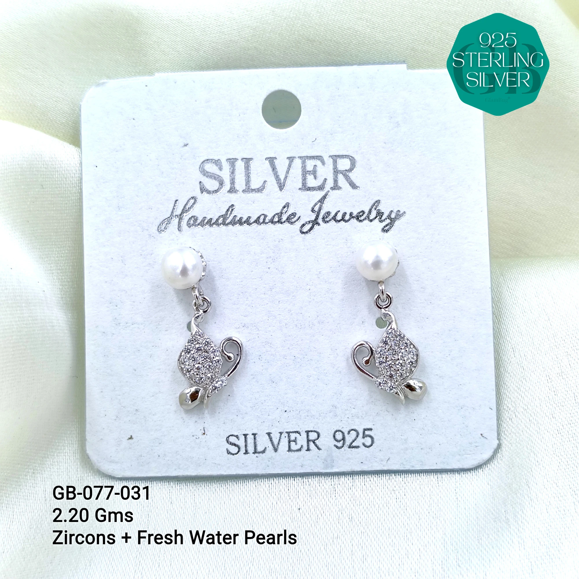 CZ PEARL HANGINGS LIGHT WEIGHT - Premium 925 Silver Jewellery - SKU: GB-077-031 - Hyderabad Silver Importers