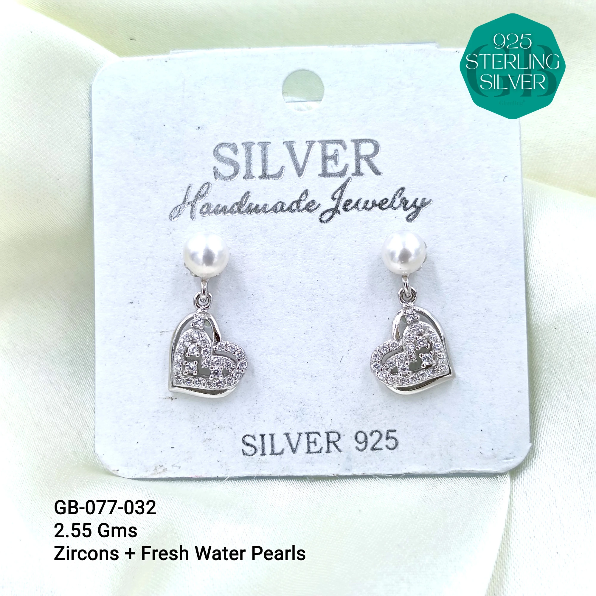 CZ PEARL HANGINGS LIGHT WEIGHT - Premium 925 Silver Jewellery - SKU: GB-077-032 - Hyderabad Silver Importers