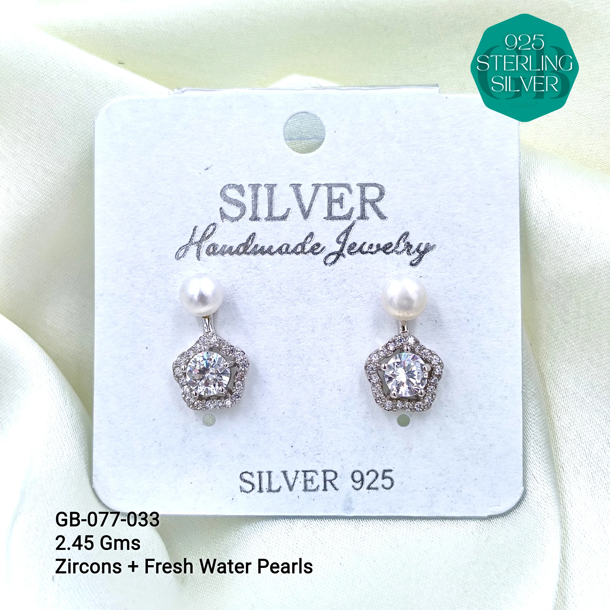 CZ PEARL HANGINGS LIGHT WEIGHT - Premium 925 Silver Jewellery - SKU: GB-077-033 - Hyderabad Silver Importers