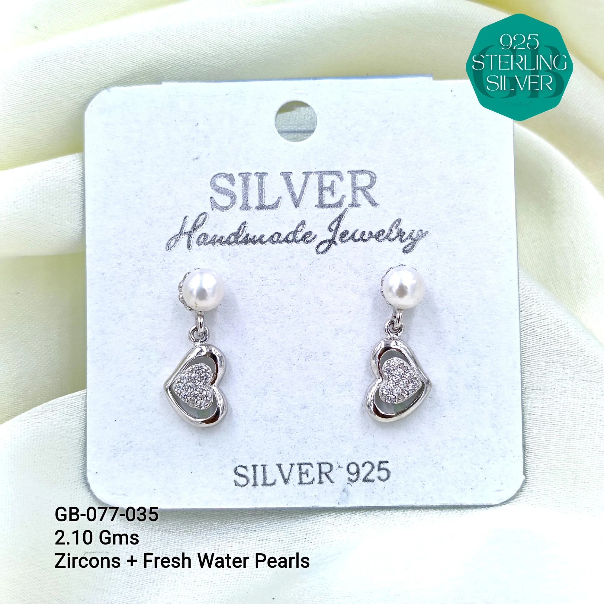 CZ PEARL HANGINGS LIGHT WEIGHT - Premium 925 Silver Jewellery - SKU: GB-077-035 - Hyderabad Silver Importers