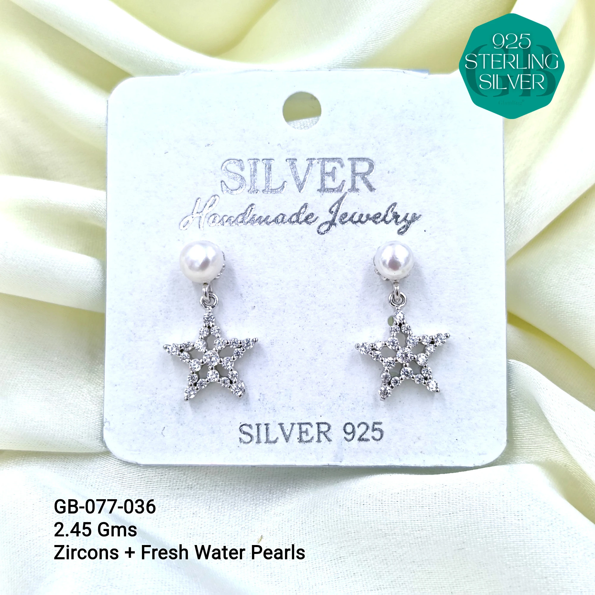 CZ PEARL HANGINGS LIGHT WEIGHT - Premium 925 Silver Jewellery - SKU: GB-077-036 - Hyderabad Silver Importers