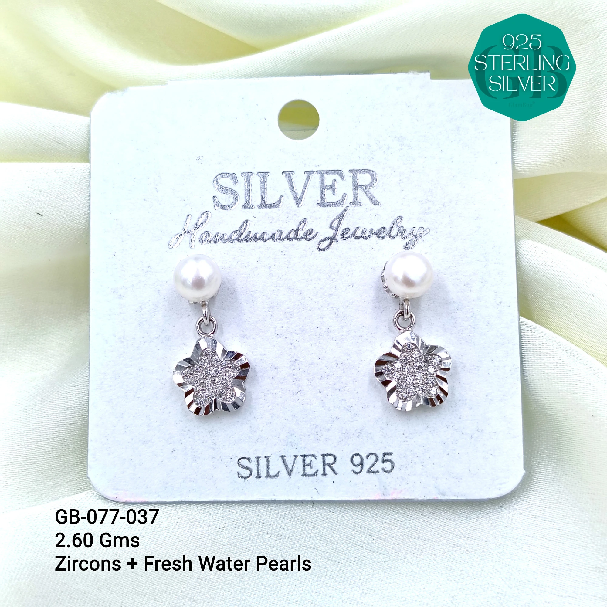 CZ PEARL HANGINGS LIGHT WEIGHT - Premium 925 Silver Jewellery - SKU: GB-077-037 - Hyderabad Silver Importers