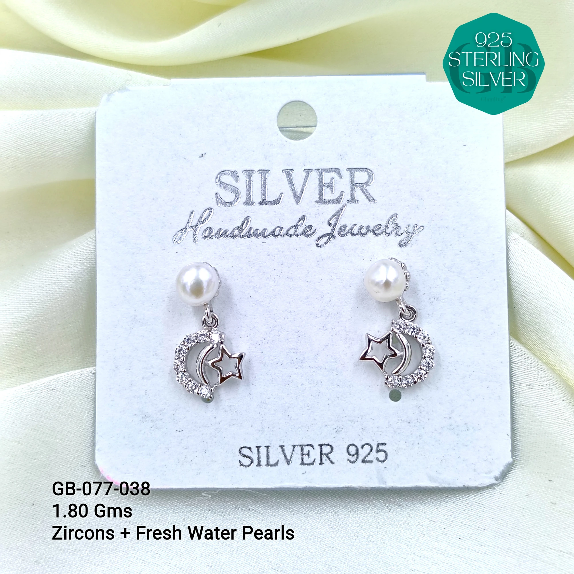 CZ PEARL HANGINGS LIGHT WEIGHT - Premium 925 Silver Jewellery - SKU: GB-077-038 - Hyderabad Silver Importers
