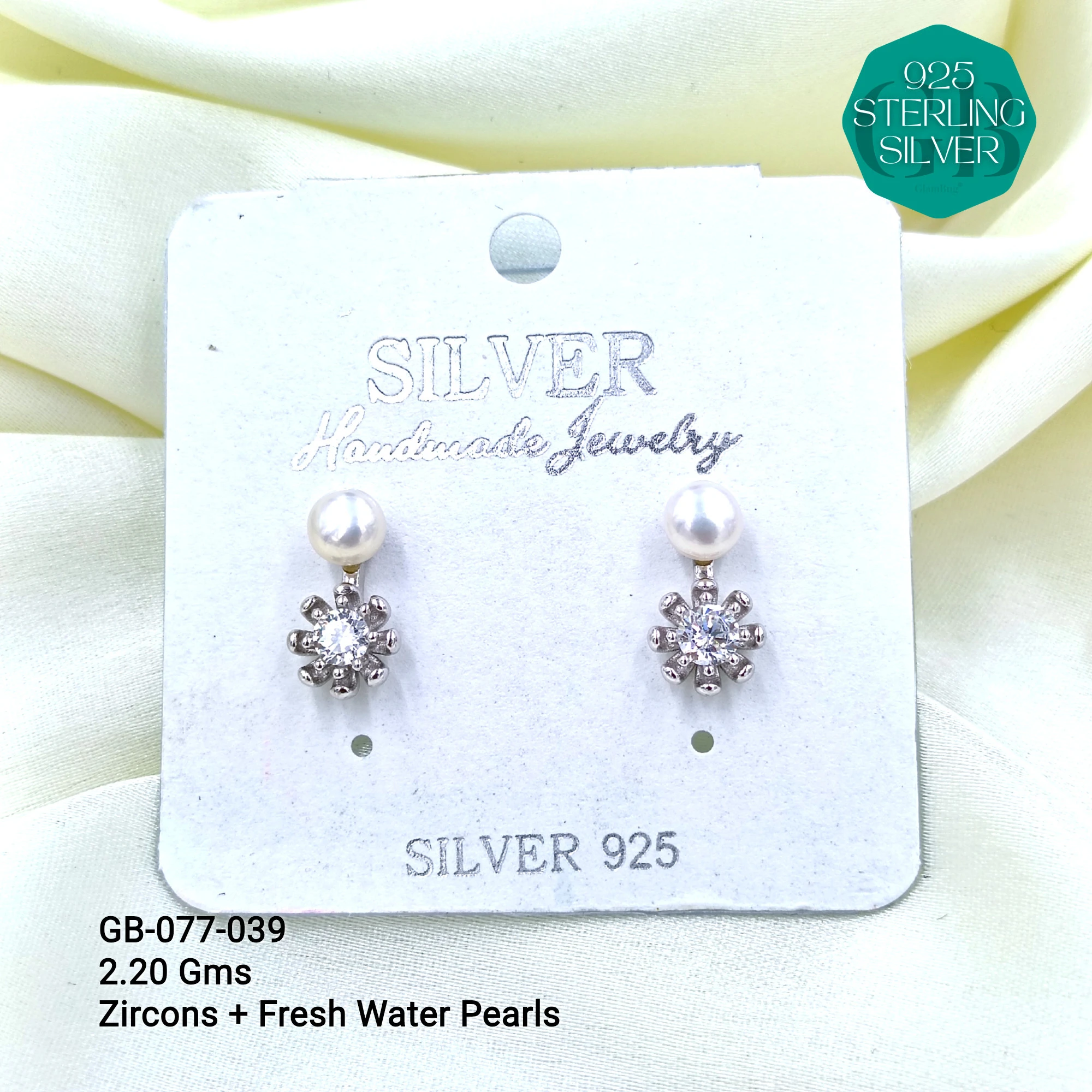 CZ PEARL HANGINGS LIGHT WEIGHT - Premium 925 Silver Jewellery - SKU: GB-077-039 - Hyderabad Silver Importers