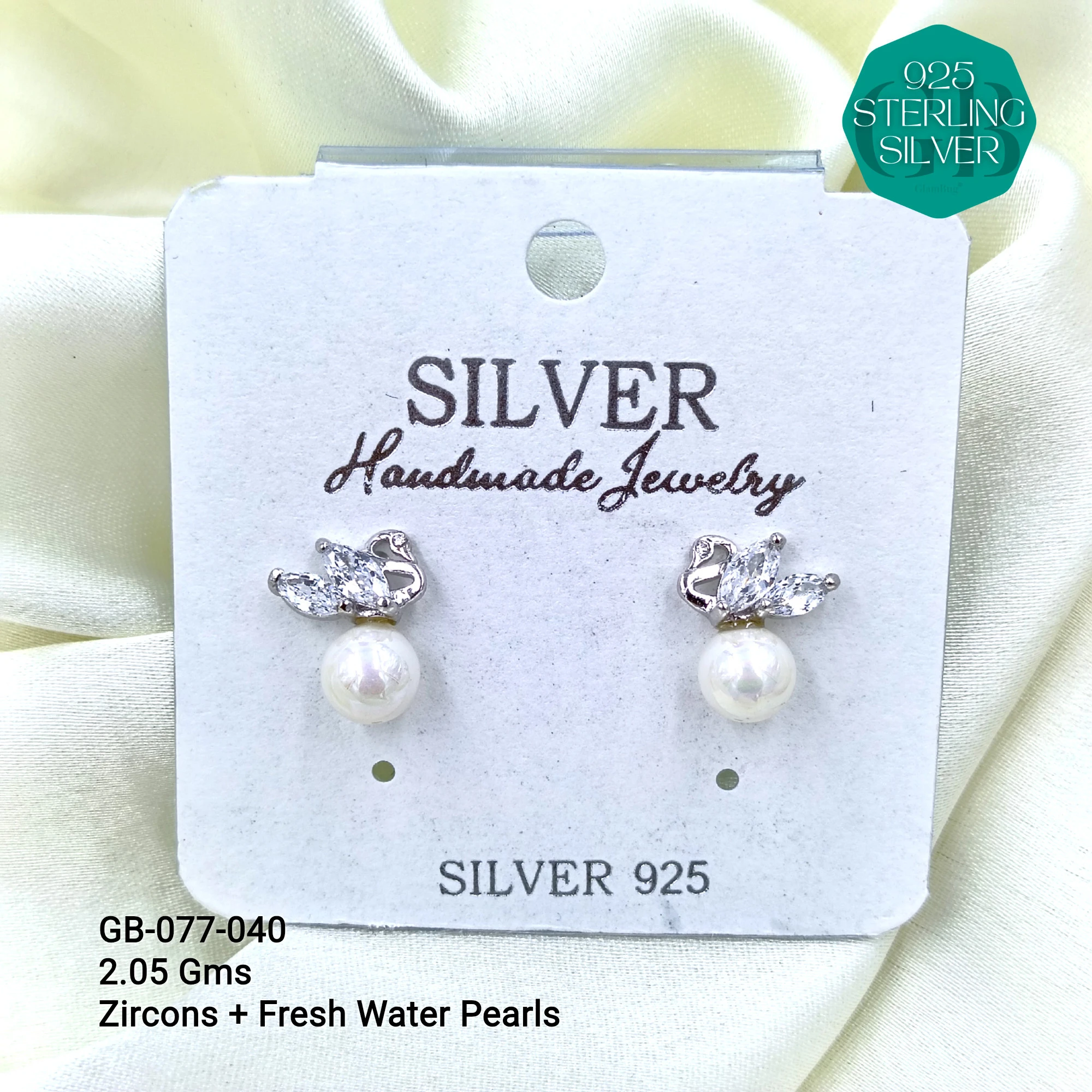 CZ PEARL HANGINGS LIGHT WEIGHT - Premium 925 Silver Jewellery - SKU: GB-077-040 - Hyderabad Silver Importers