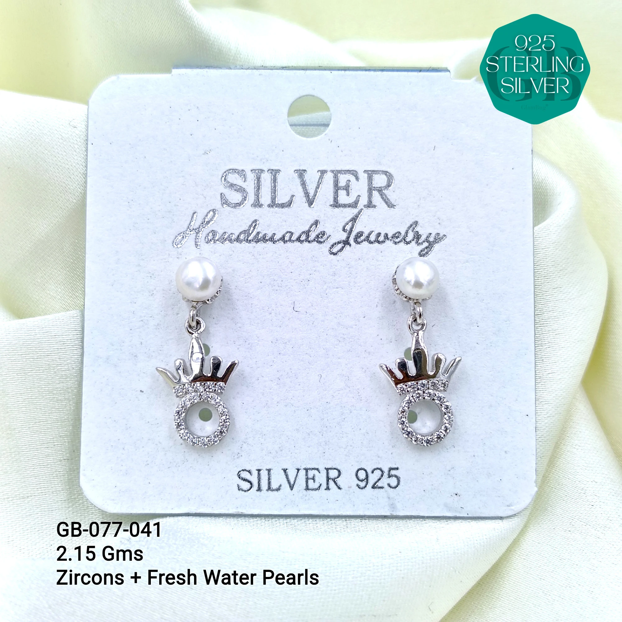 CZ PEARL HANGINGS LIGHT WEIGHT - Premium 925 Silver Jewellery - SKU: GB-077-041 - Hyderabad Silver Importers