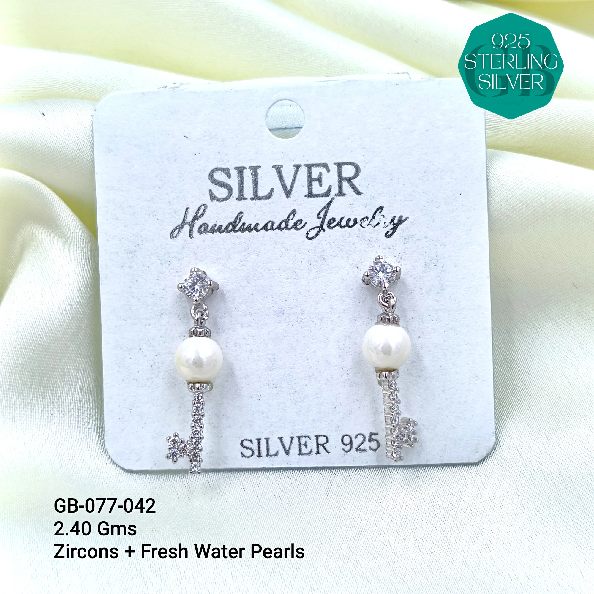 CZ PEARL HANGINGS LIGHT WEIGHT - Premium 925 Silver Jewellery - SKU: GB-077-042 - Hyderabad Silver Importers