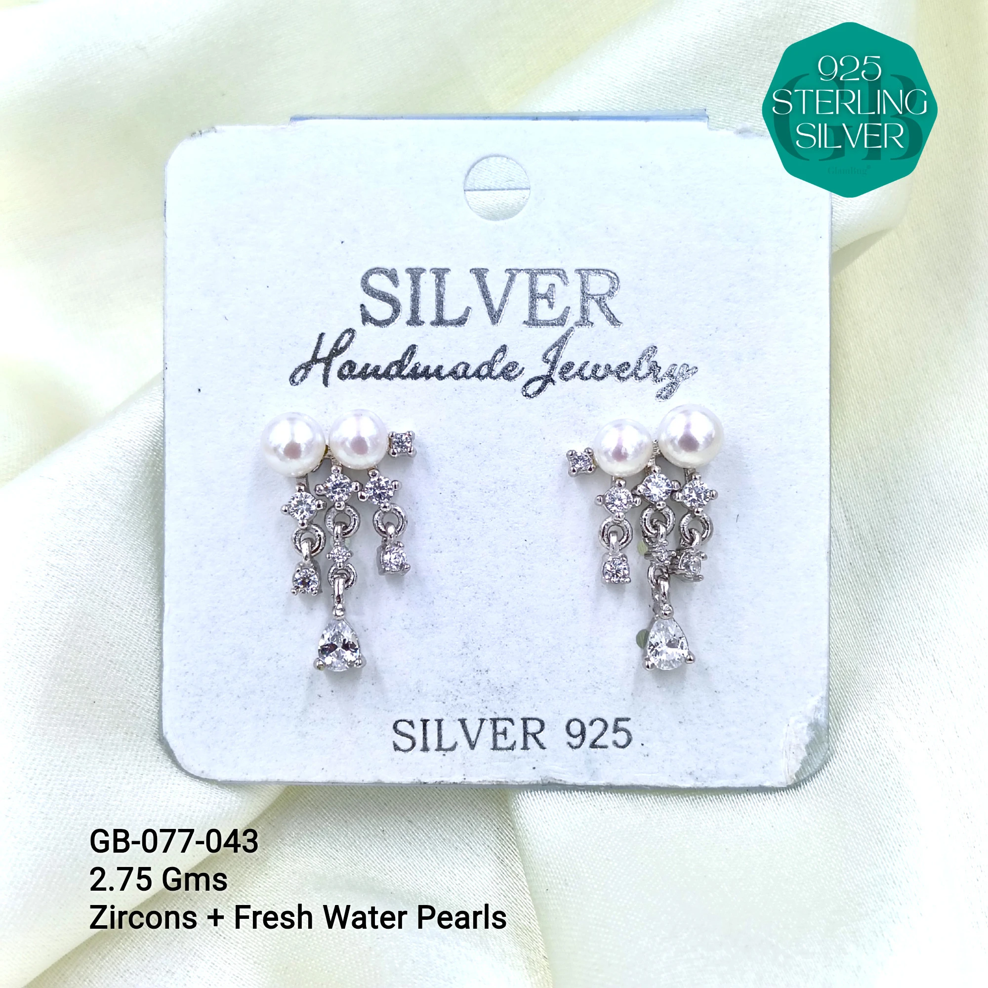 CZ PEARL HANGINGS LIGHT WEIGHT - Premium 925 Silver Jewellery - SKU: GB-077-043 - Hyderabad Silver Importers