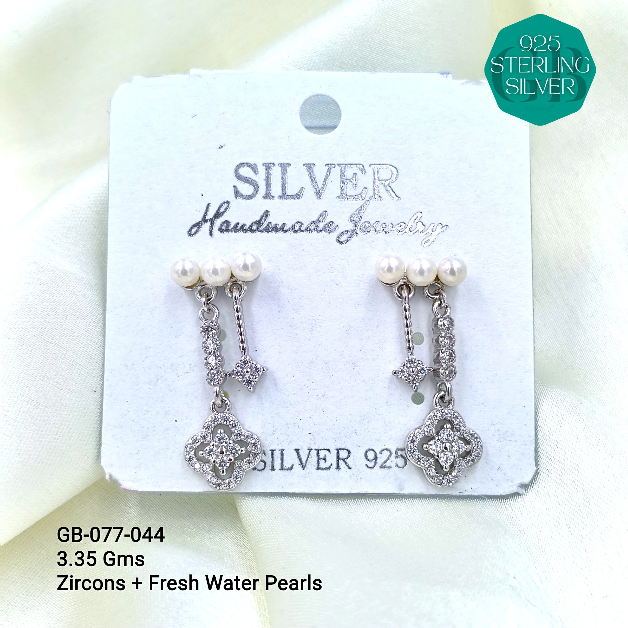 CZ PEARL HANGINGS LIGHT WEIGHT - Premium 925 Silver Jewellery - SKU: GB-077-044 - Hyderabad Silver Importers