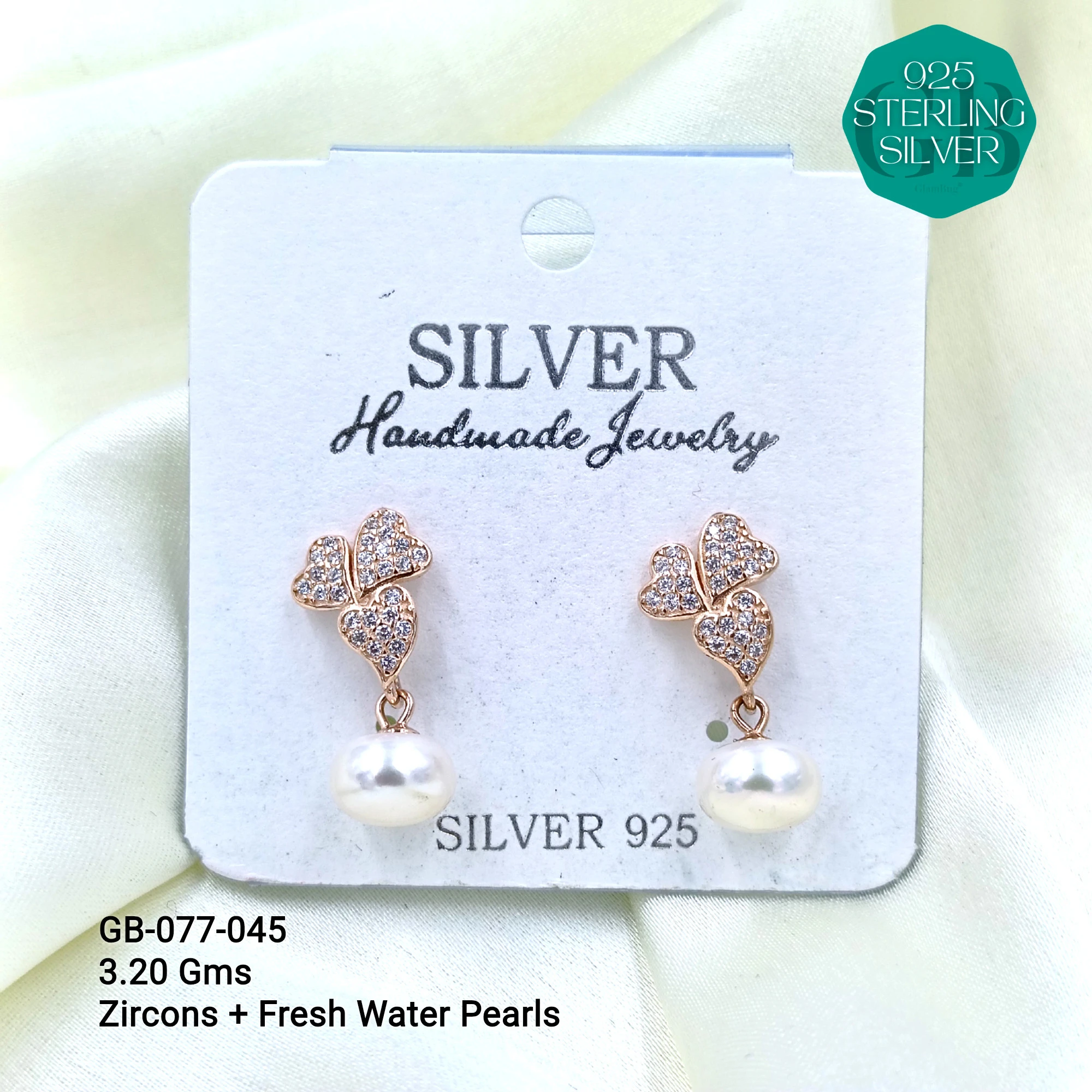 CZ PEARL HANGINGS LIGHT WEIGHT - Premium 925 Silver Jewellery - SKU: GB-077-045 - Hyderabad Silver Importers