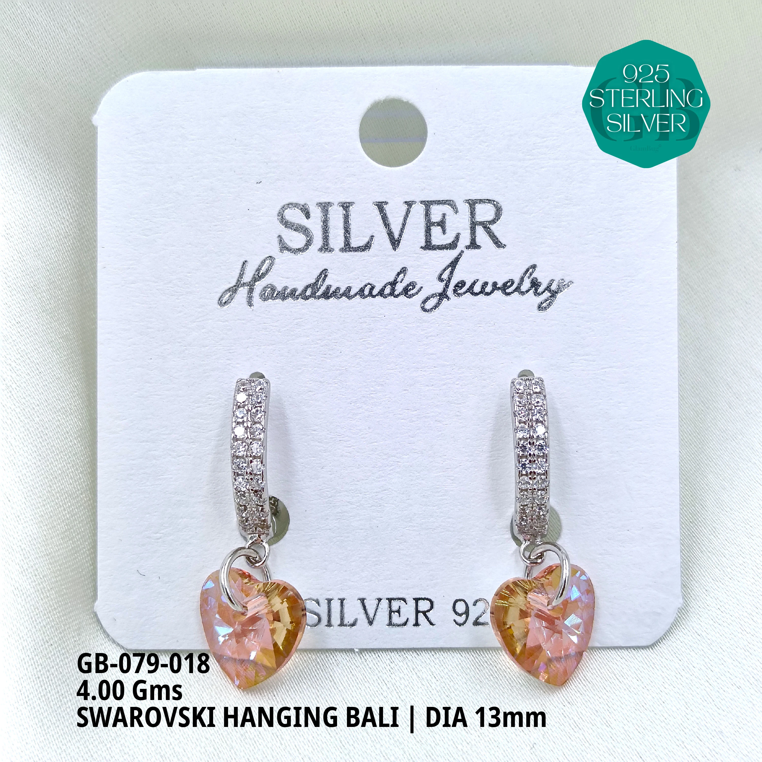 SWAROVSKI HANGNING BALI - Premium 925 Silver Jewellery - SKU: GB-079-018 - Hyderabad Silver Importers