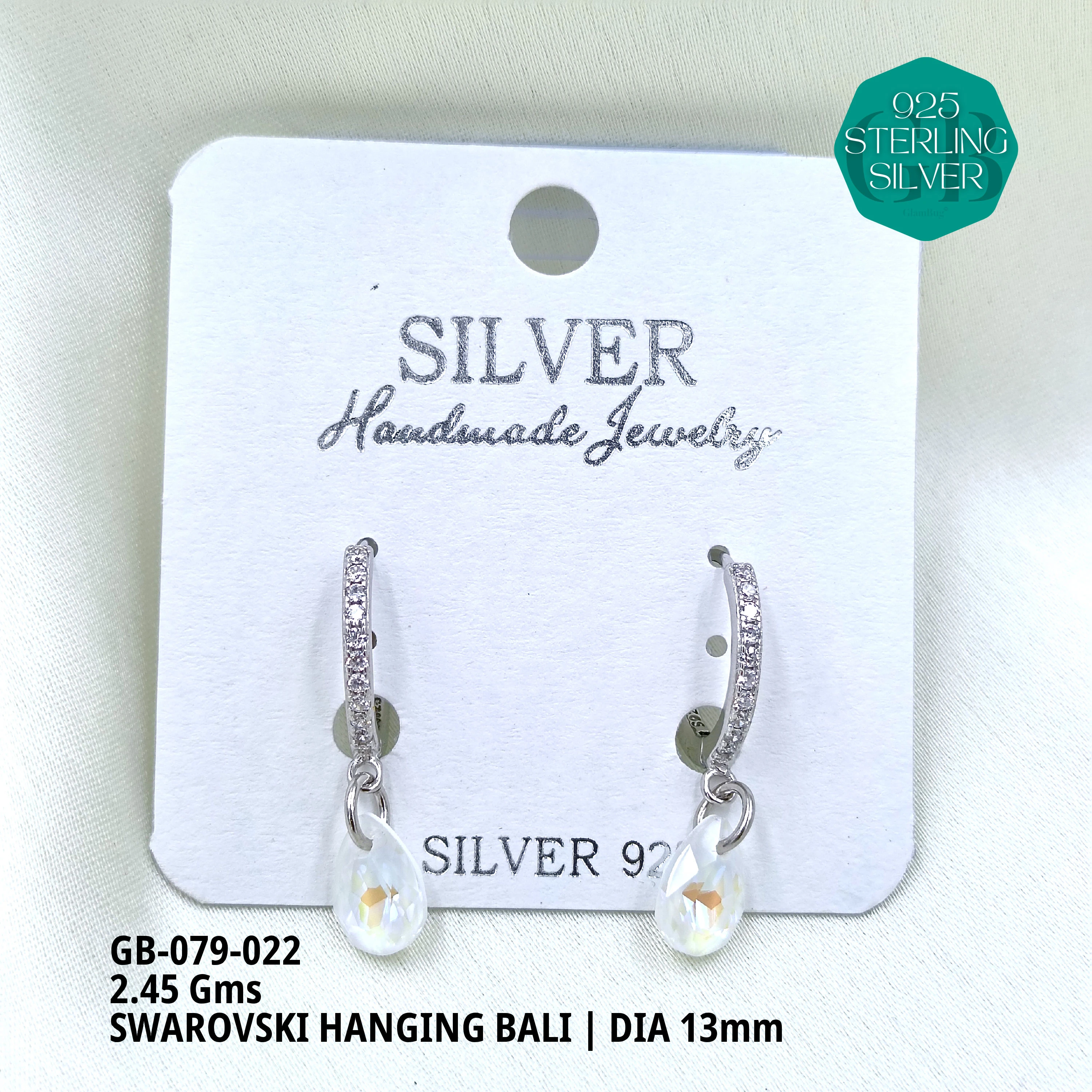 SWAROVSKI HANGNING BALI - Premium 925 Silver Jewellery - SKU: GB-079-022 - Hyderabad Silver Importers