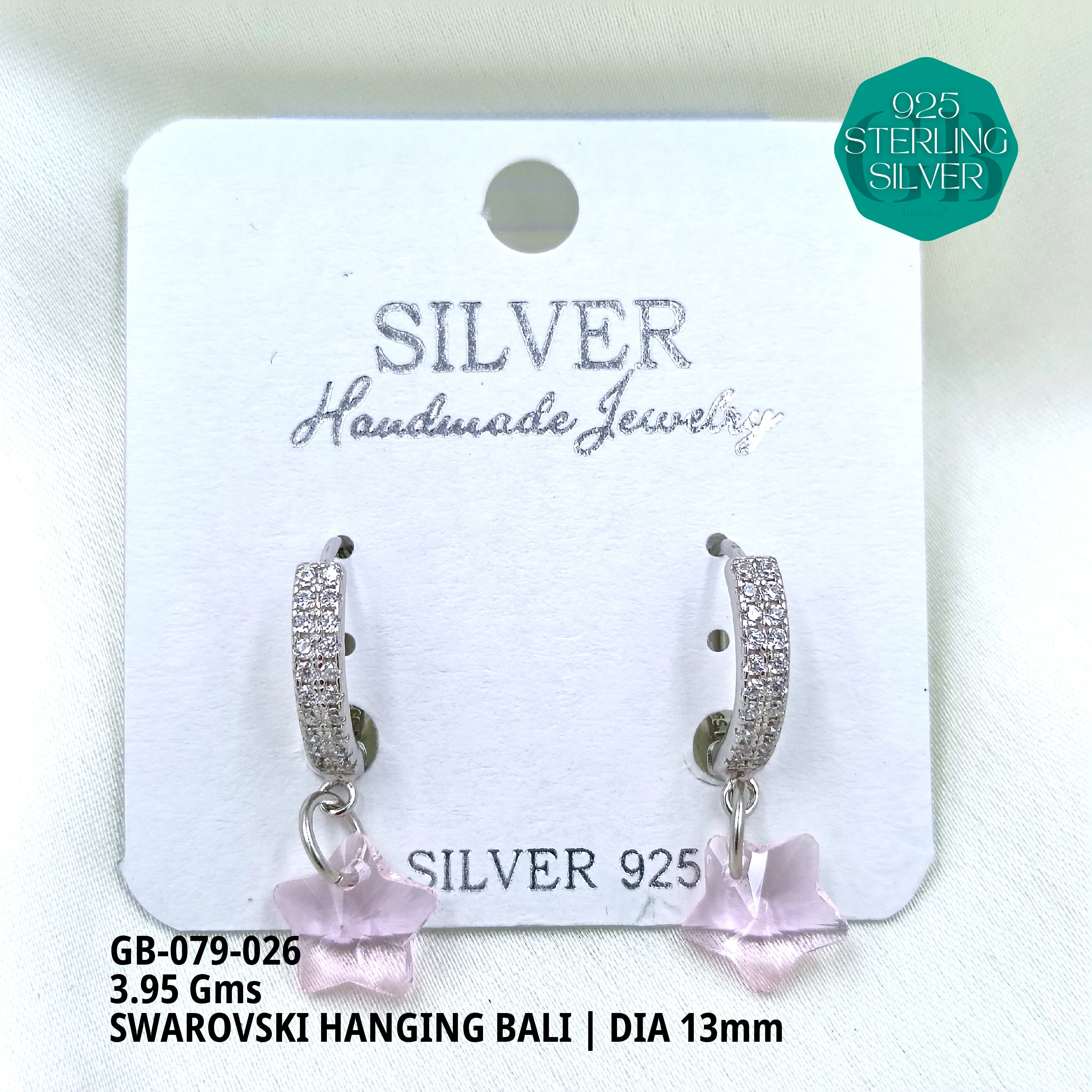 SWAROVSKI HANGNING BALI - Premium 925 Silver Jewellery - SKU: GB-079-026 - Hyderabad Silver Importers