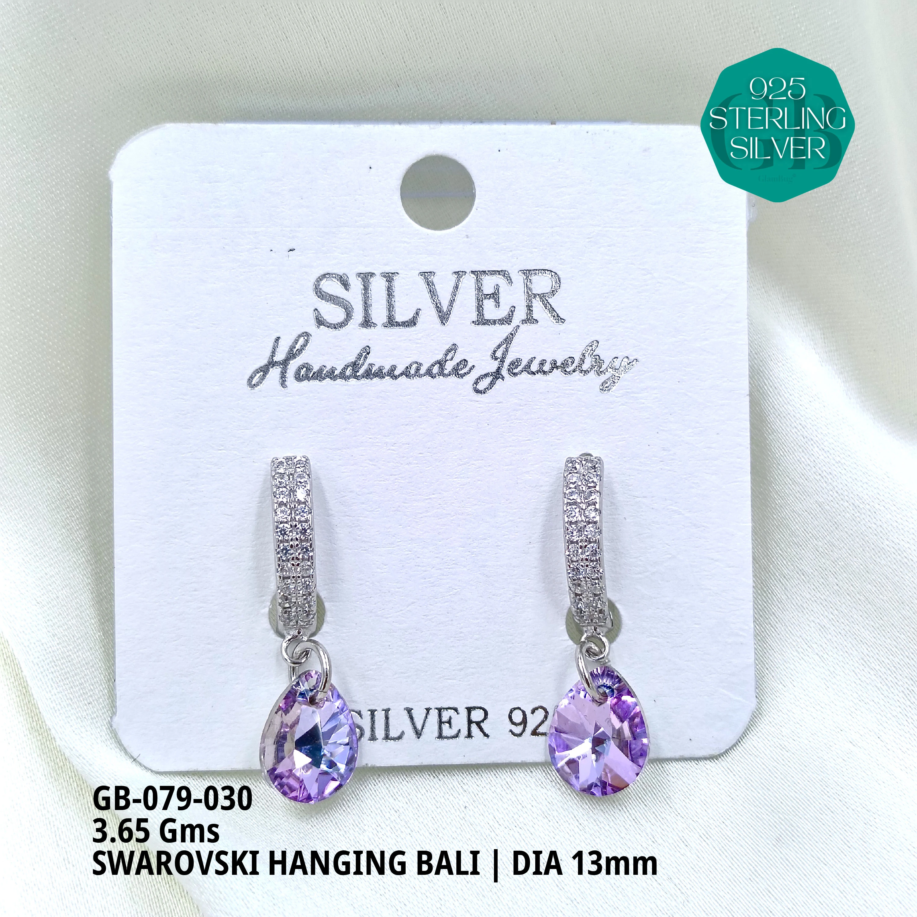 SWAROVSKI HANGNING BALI - Premium 925 Silver Jewellery - SKU: GB-079-030 - Hyderabad Silver Importers