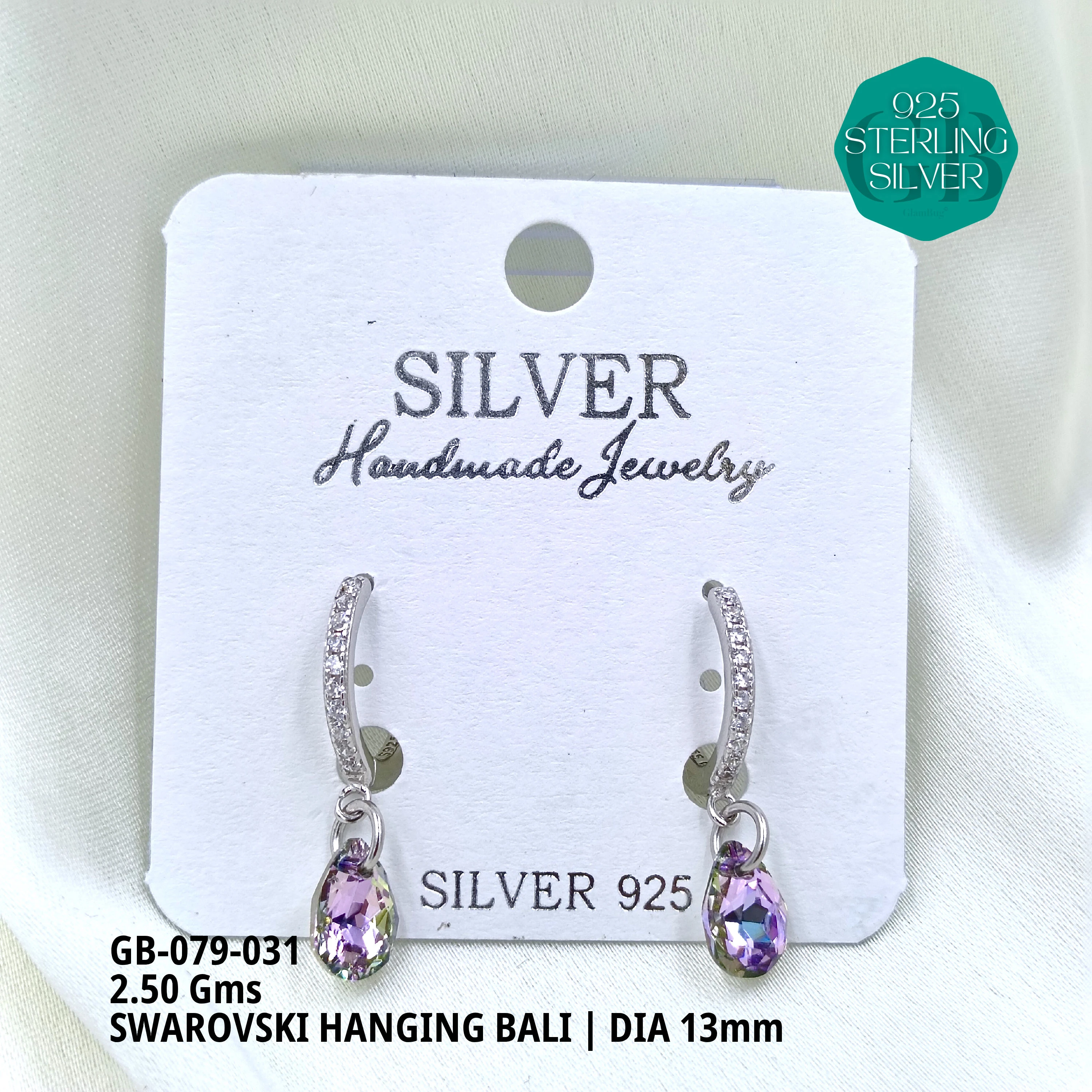 SWAROVSKI HANGNING BALI - Premium 925 Silver Jewellery - SKU: GB-079-031 - Hyderabad Silver Importers