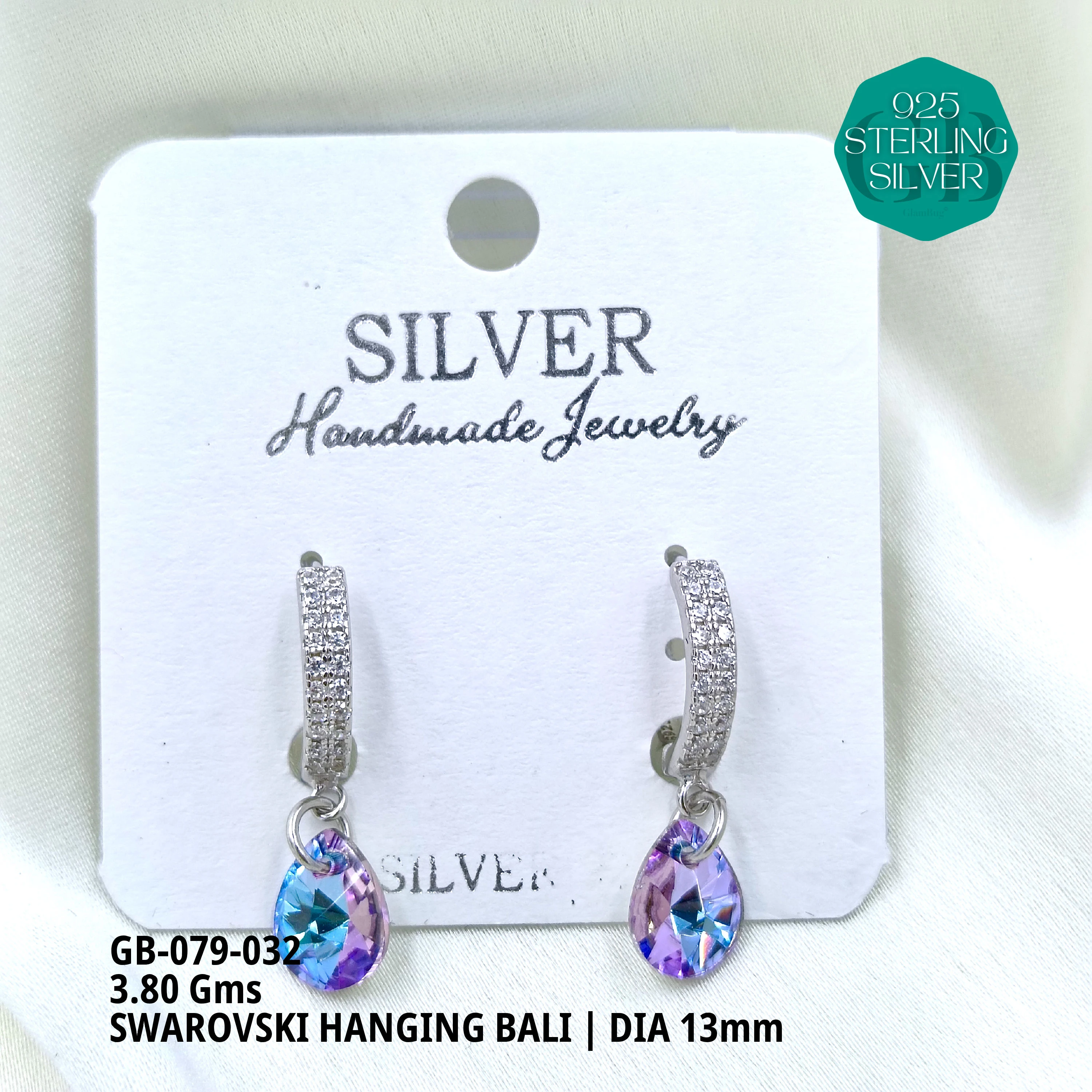SWAROVSKI HANGNING BALI - Premium 925 Silver Jewellery - SKU: GB-079-032 - Hyderabad Silver Importers