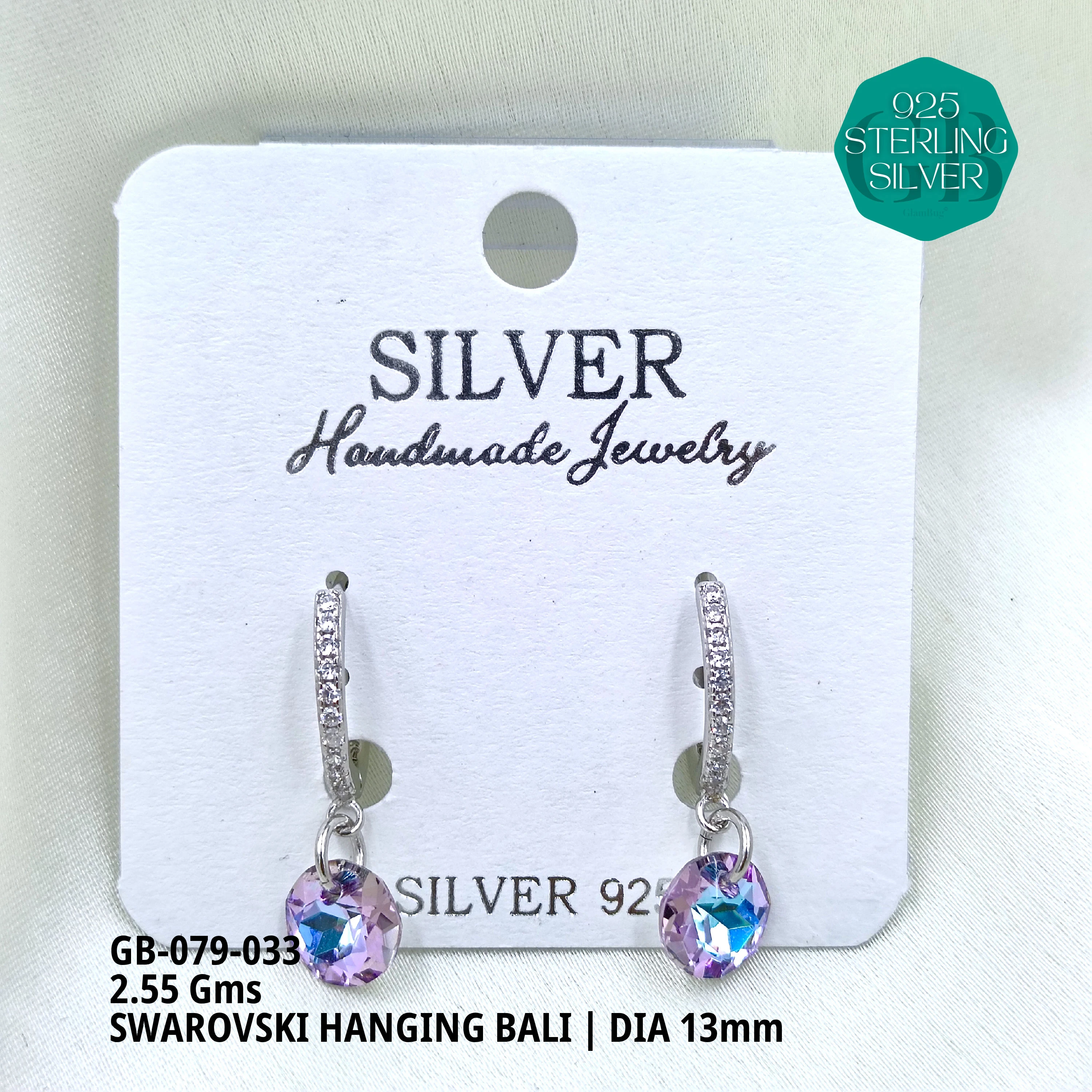 SWAROVSKI HANGNING BALI - Premium 925 Silver Jewellery - SKU: GB-079-033 - Hyderabad Silver Importers