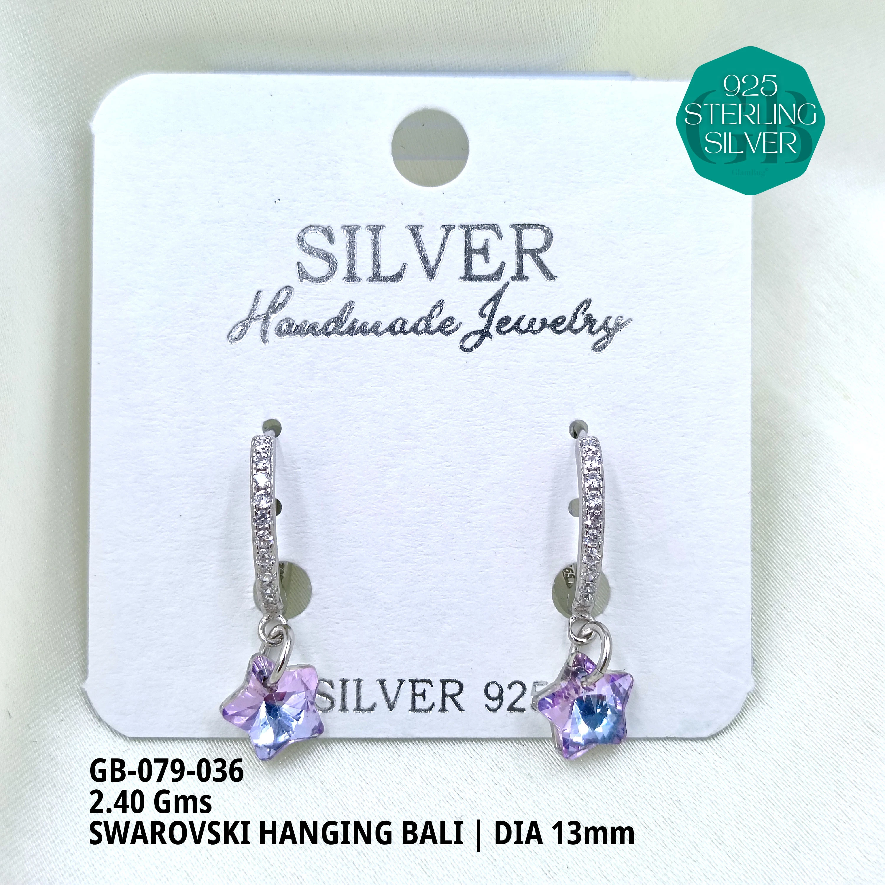 SWAROVSKI HANGNING BALI - Premium 925 Silver Jewellery - SKU: GB-079-036 - Hyderabad Silver Importers