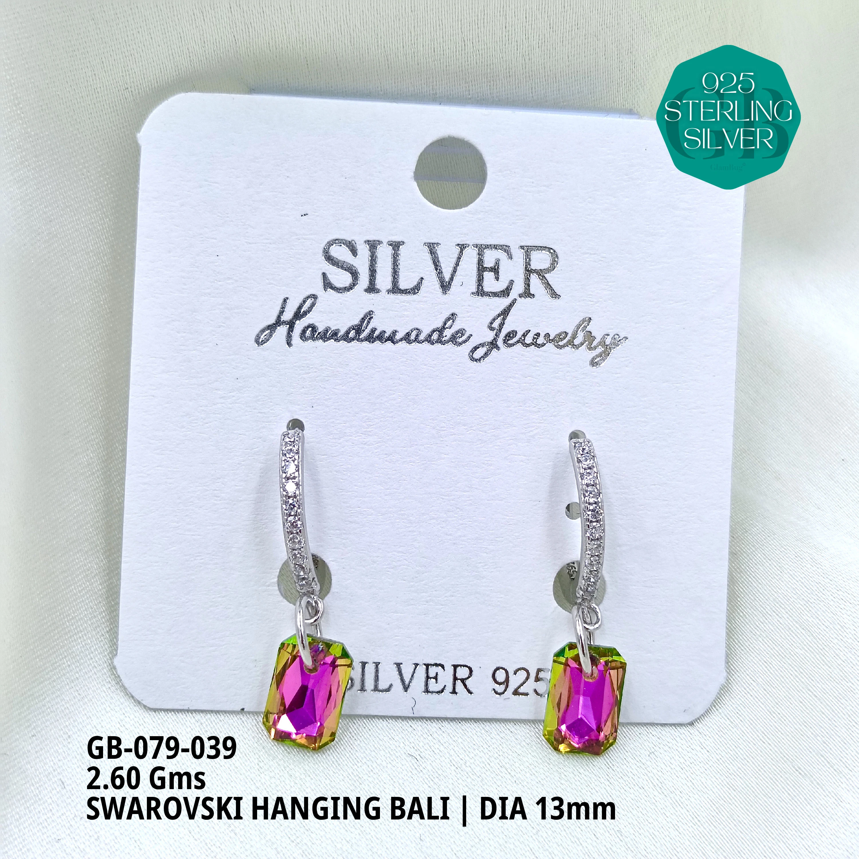 SWAROVSKI HANGNING BALI - Premium 925 Silver Jewellery - SKU: GB-079-039 - Hyderabad Silver Importers