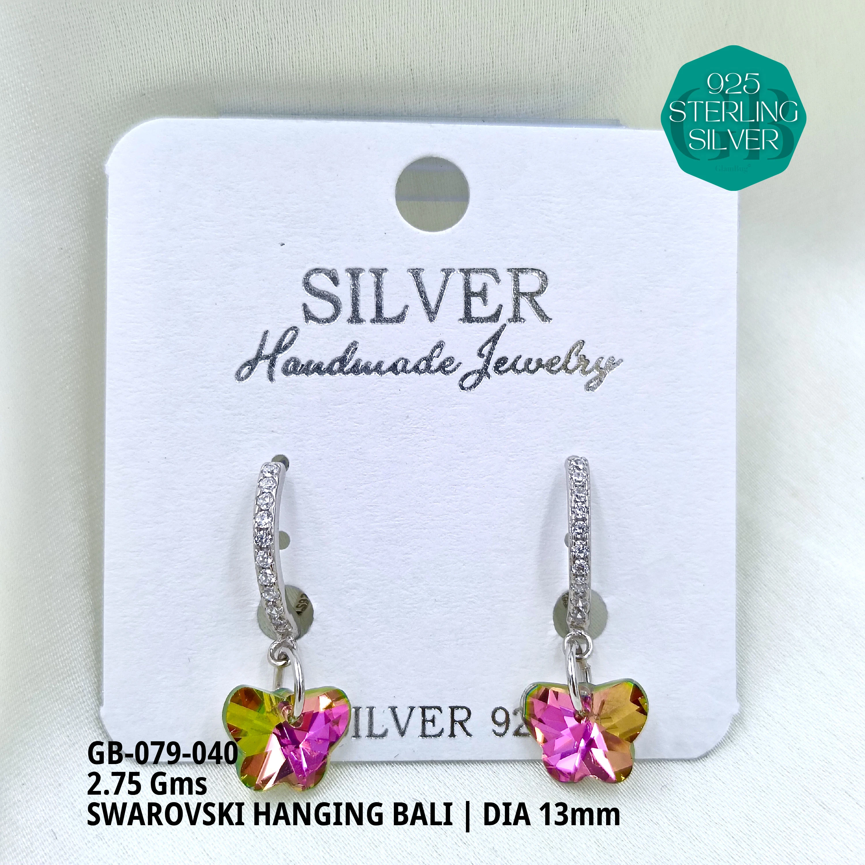 SWAROVSKI HANGNING BALI - Premium 925 Silver Jewellery - SKU: GB-079-040 - Hyderabad Silver Importers