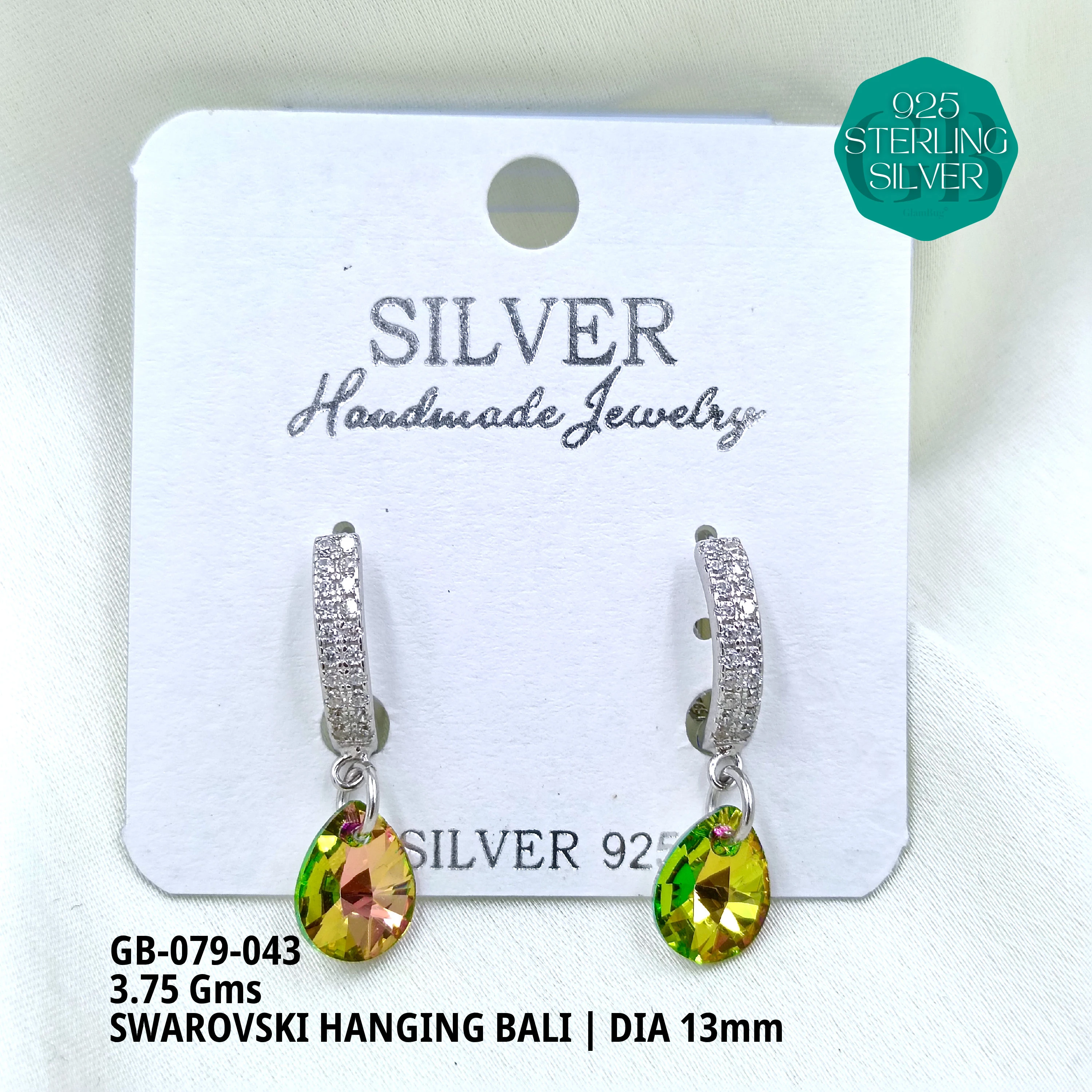SWAROVSKI HANGNING BALI - Premium 925 Silver Jewellery - SKU: GB-079-043 - Hyderabad Silver Importers