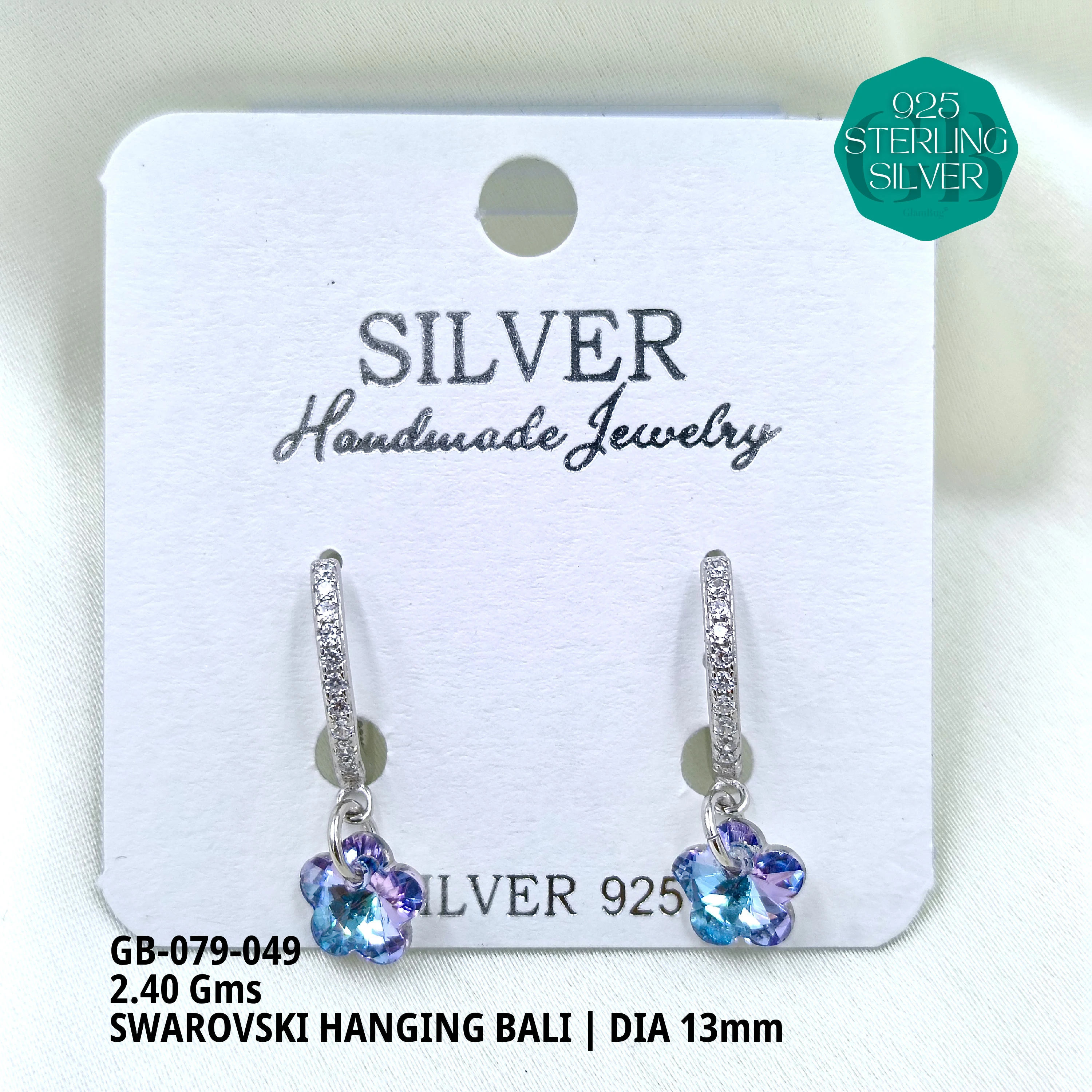 SWAROVSKI HANGNING BALI - Premium 925 Silver Jewellery - SKU: GB-079-049 - Hyderabad Silver Importers