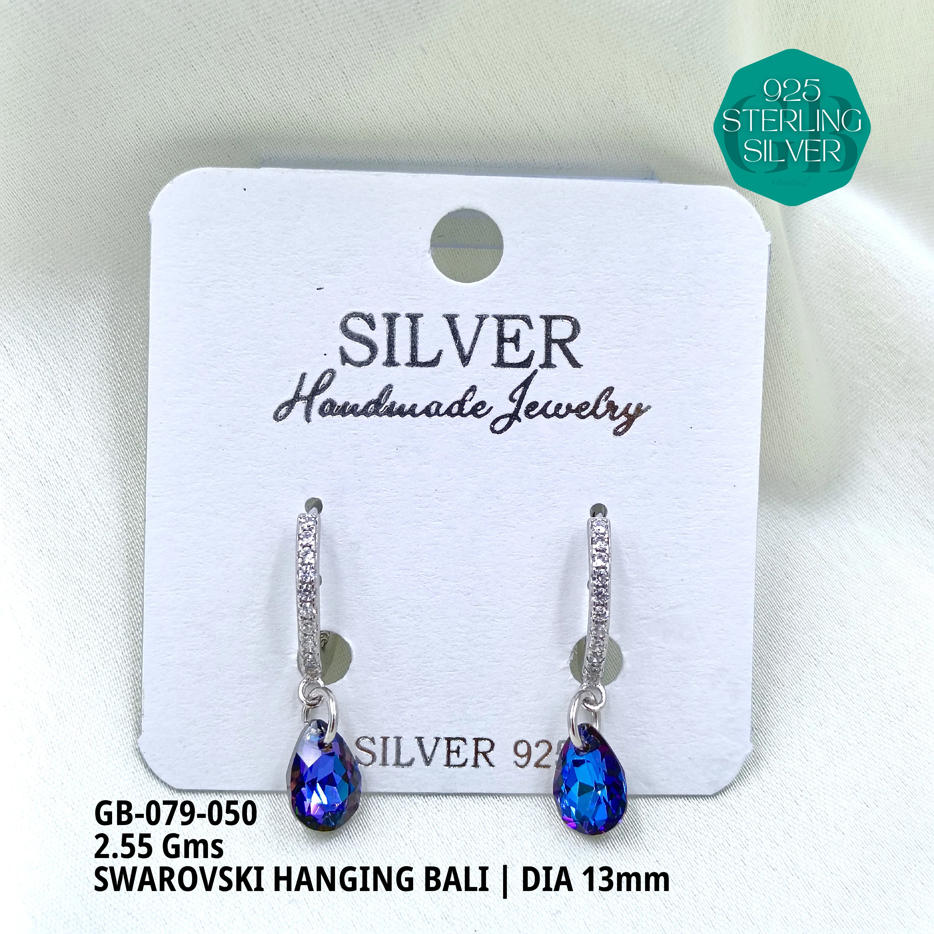 SWAROVSKI HANGNING BALI - Premium 925 Silver Jewellery - SKU: GB-079-050 - Hyderabad Silver Importers