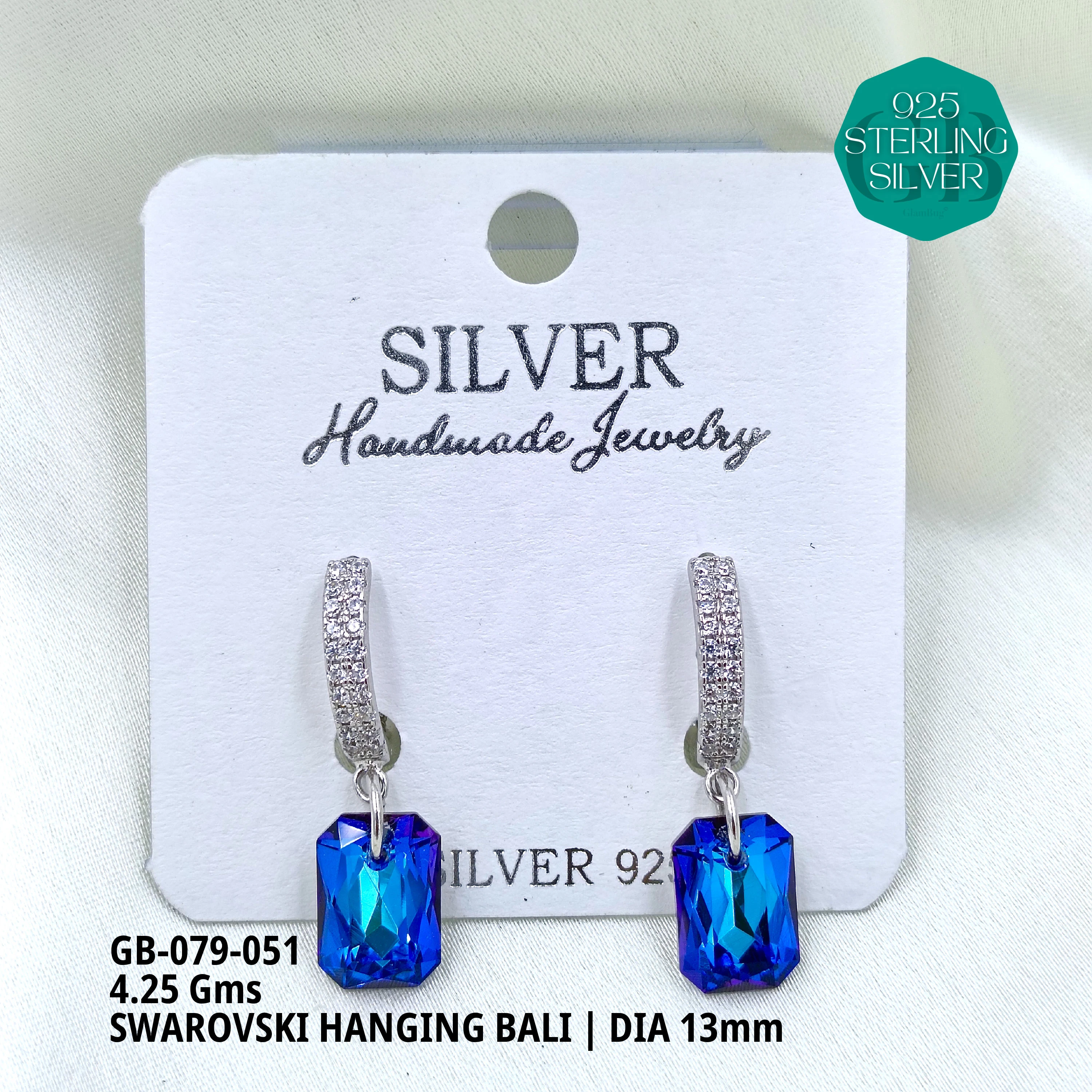 SWAROVSKI HANGNING BALI - Premium 925 Silver Jewellery - SKU: GB-079-051 - Hyderabad Silver Importers