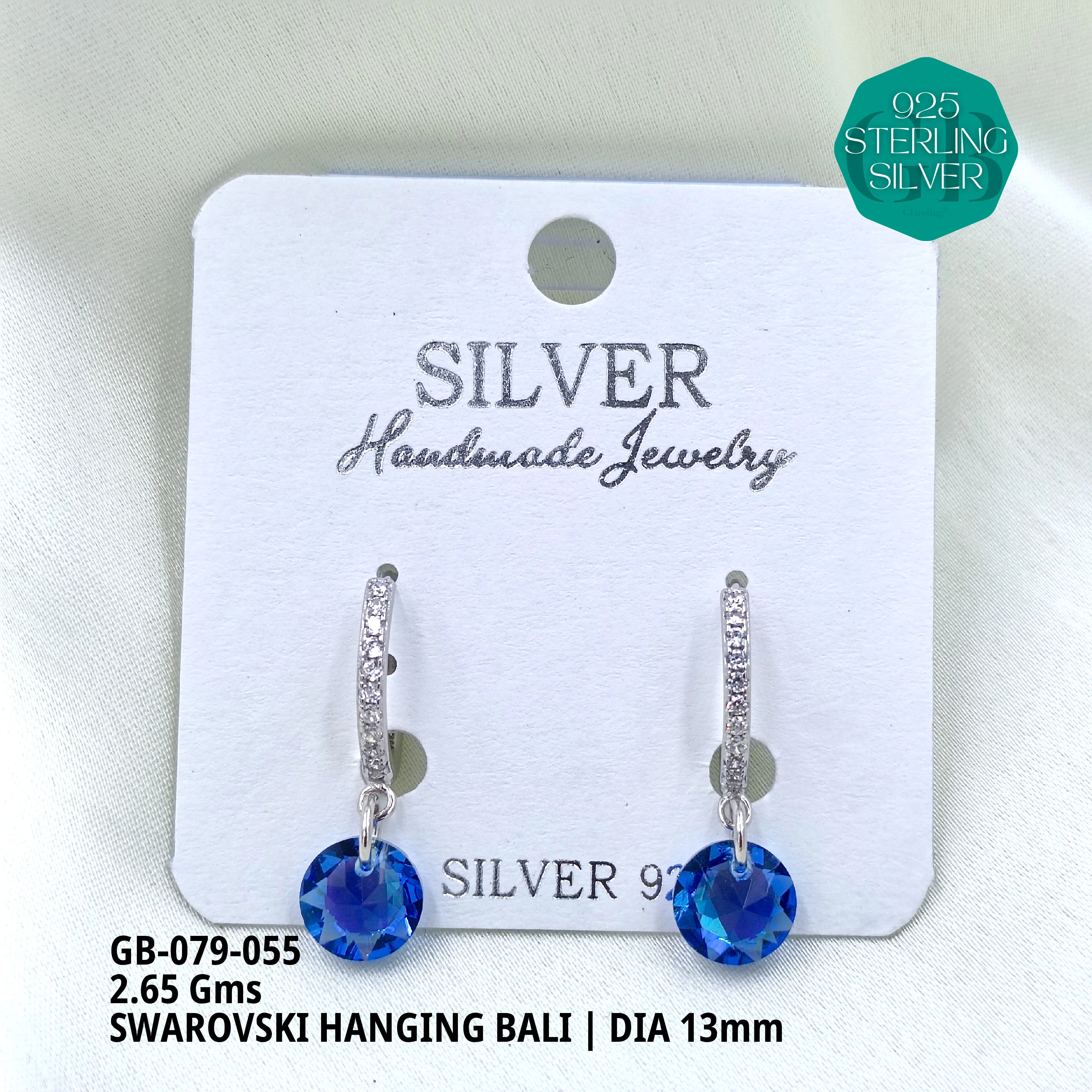SWAROVSKI HANGNING BALI - Premium 925 Silver Jewellery - SKU: GB-079-055 - Hyderabad Silver Importers
