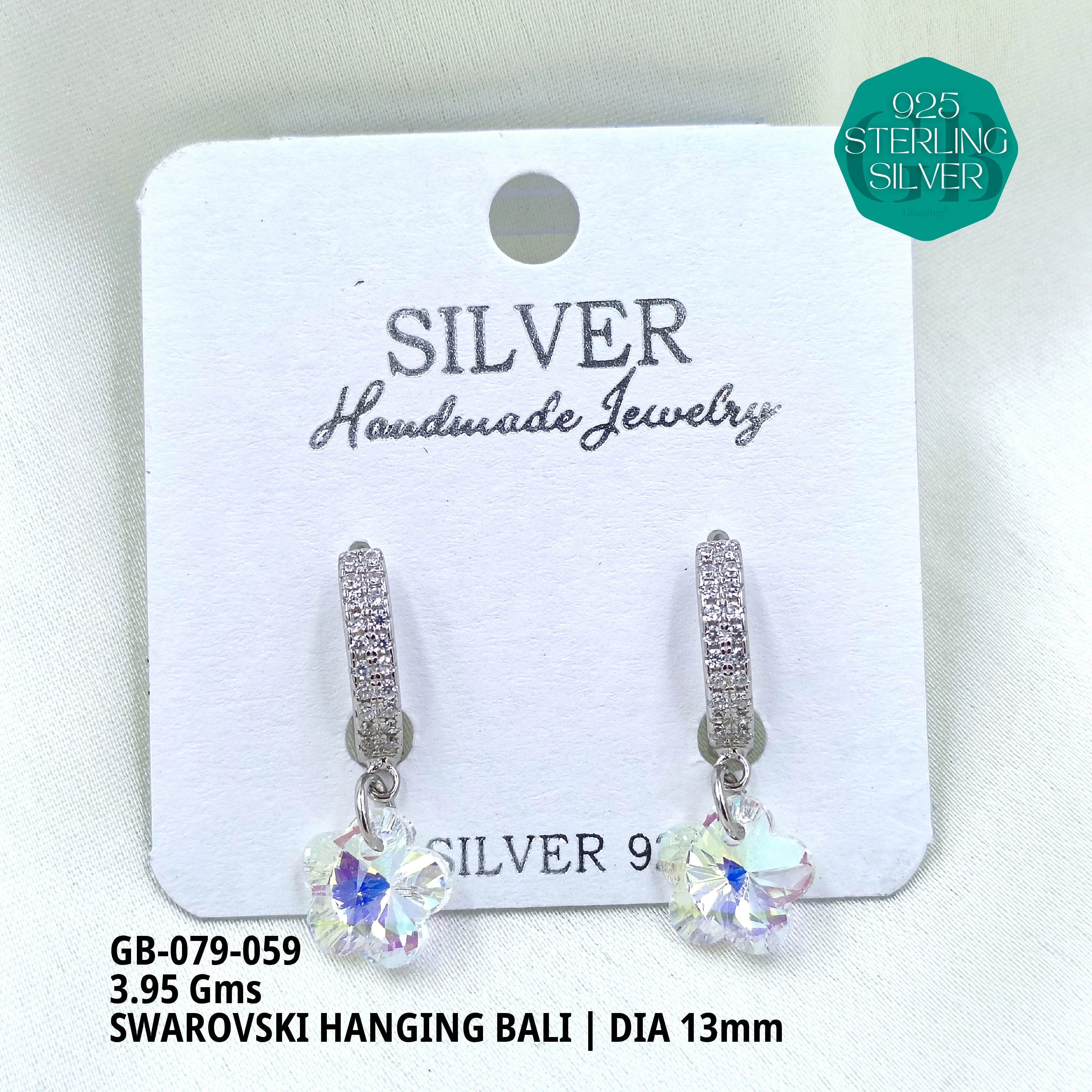 SWAROVSKI HANGNING BALI - Premium 925 Silver Jewellery - SKU: GB-079-059 - Hyderabad Silver Importers