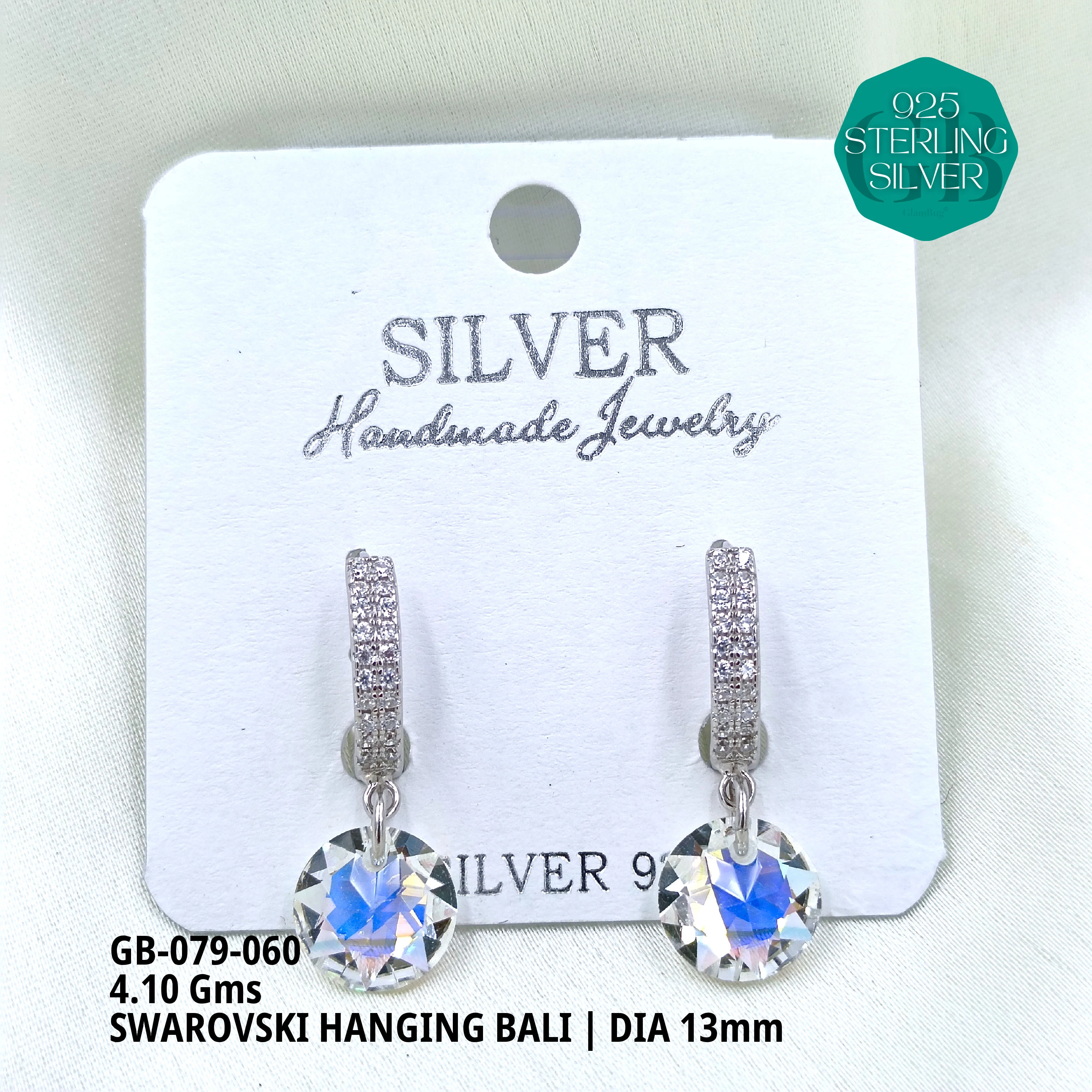 SWAROVSKI HANGNING BALI - Premium 925 Silver Jewellery - SKU: GB-079-060 - Hyderabad Silver Importers