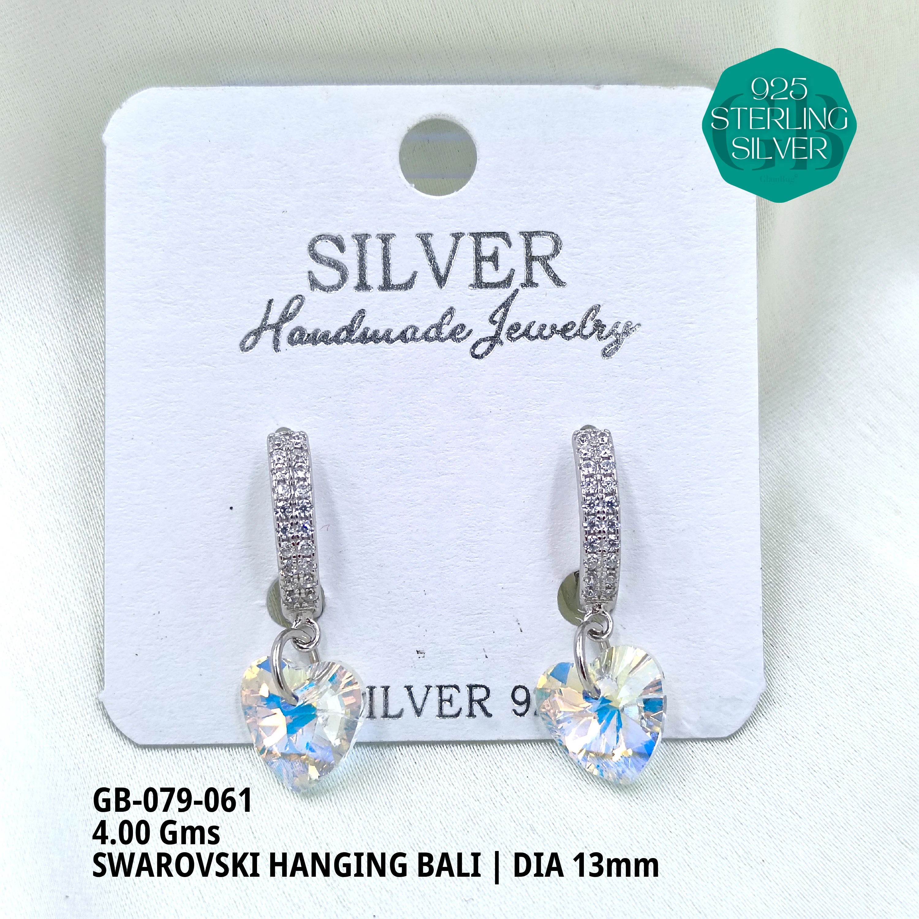 SWAROVSKI HANGNING BALI - Premium 925 Silver Jewellery - SKU: GB-079-061 - Hyderabad Silver Importers