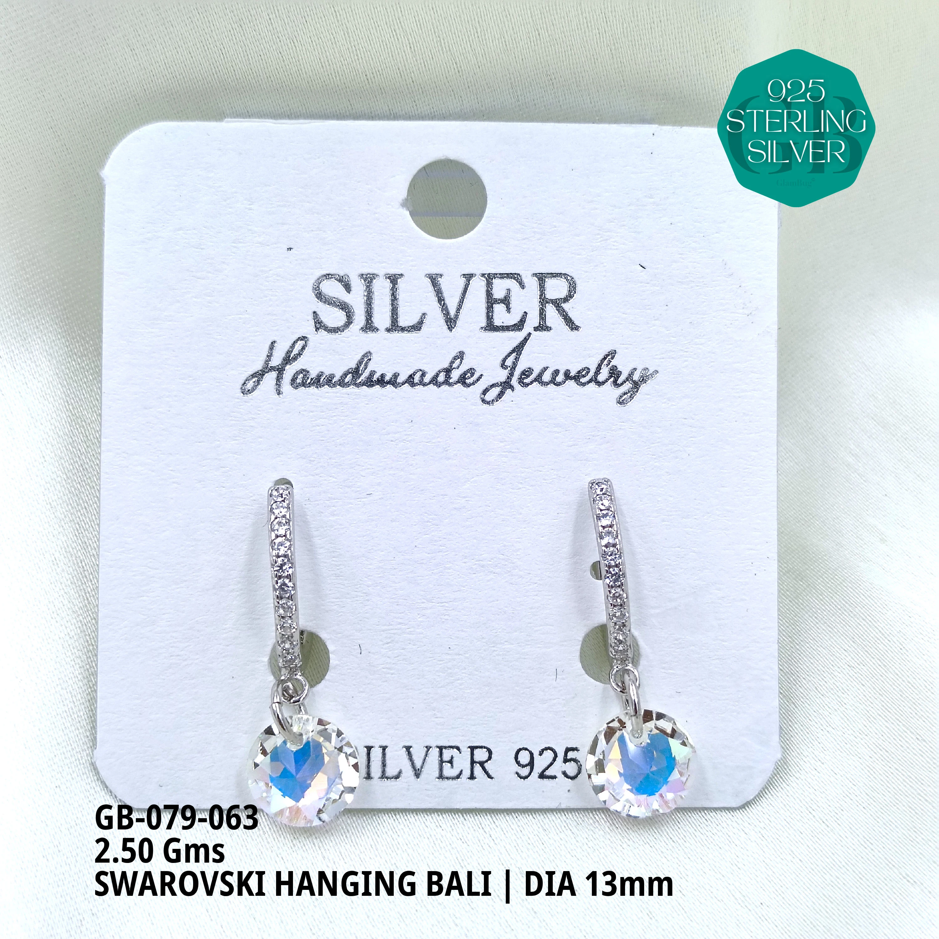 SWAROVSKI HANGNING BALI - Premium 925 Silver Jewellery - SKU: GB-079-063 - Hyderabad Silver Importers