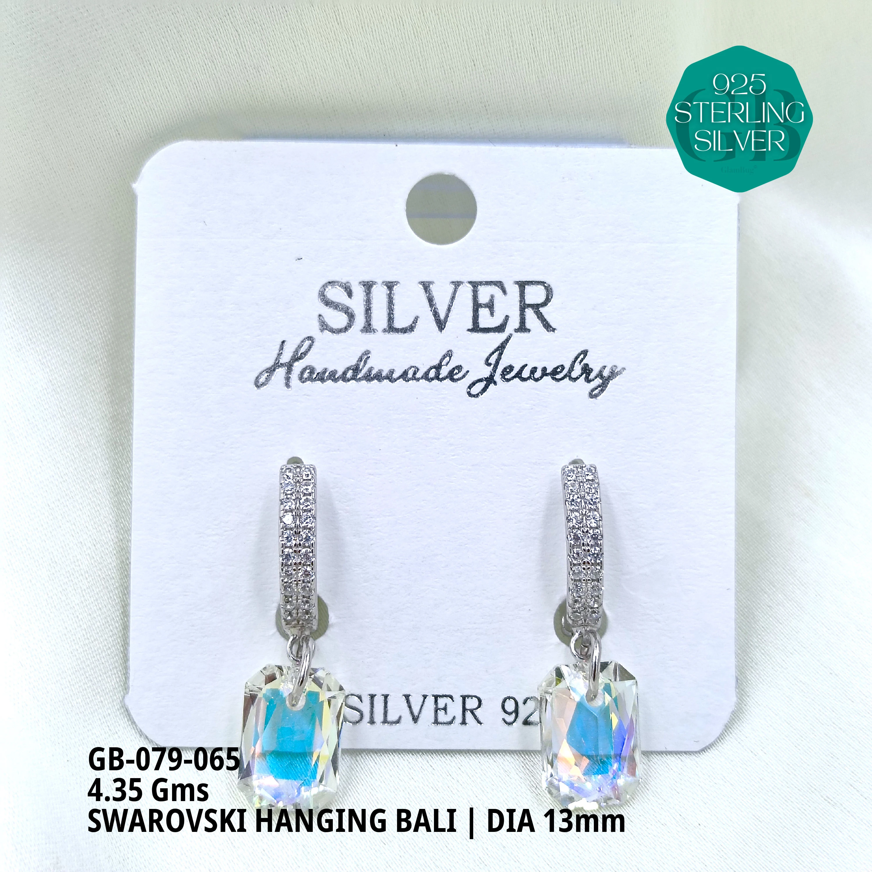 SWAROVSKI HANGNING BALI - Premium 925 Silver Jewellery - SKU: GB-079-065 - Hyderabad Silver Importers