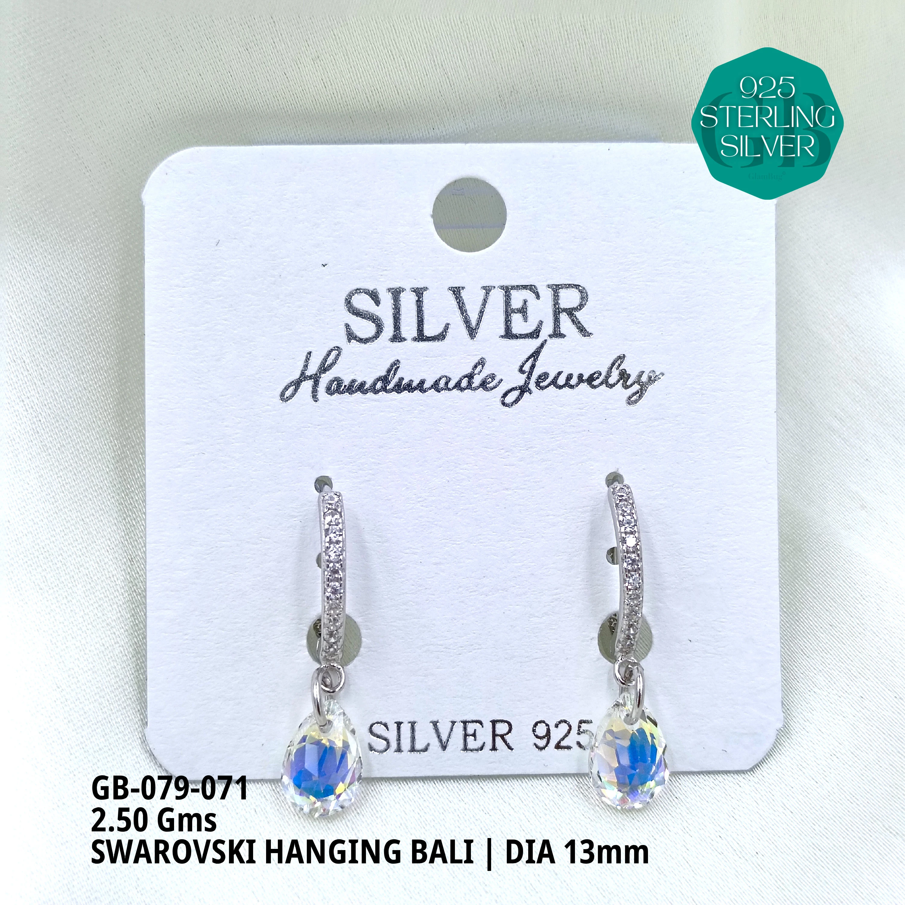 SWAROVSKI HANGNING BALI - Premium 925 Silver Jewellery - SKU: GB-079-071 - Hyderabad Silver Importers